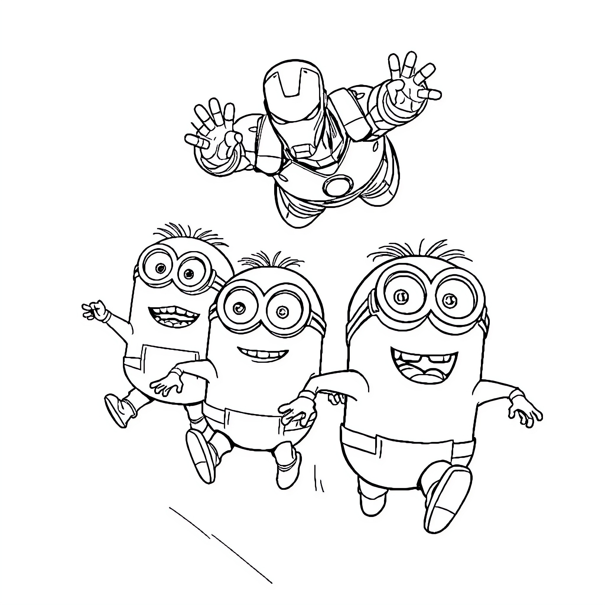 Minions and Iron Man playing together Coloring Page (free black-and-white line drawing printable PDF for all, from beginners to advanced learners, including children, teens, adults, and seniors)