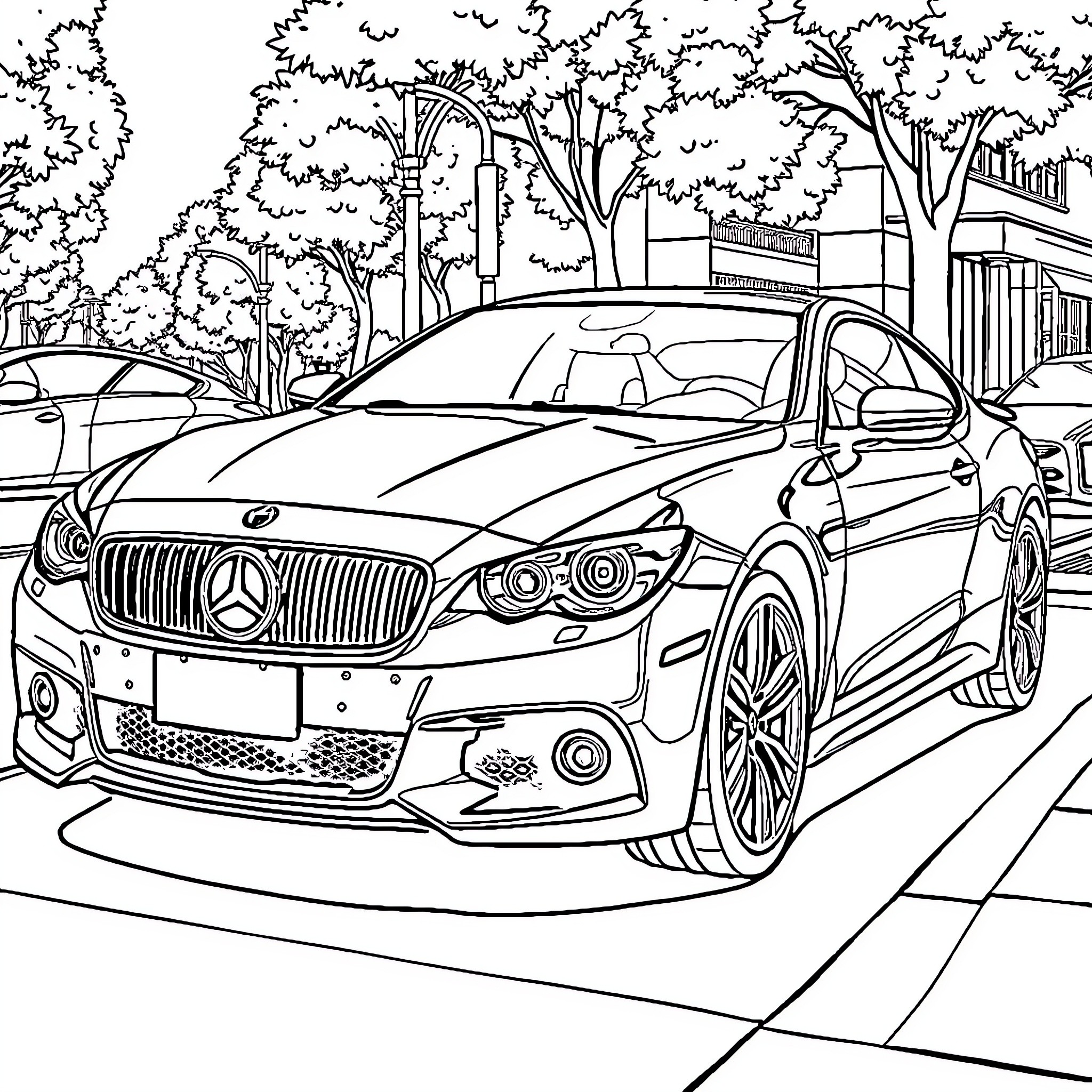 Car on a Suburban Street with Trees Coloring Page (free black-and-white line drawing printable PDF for all, from beginners to advanced learners, including children, teens, adults, and seniors)
