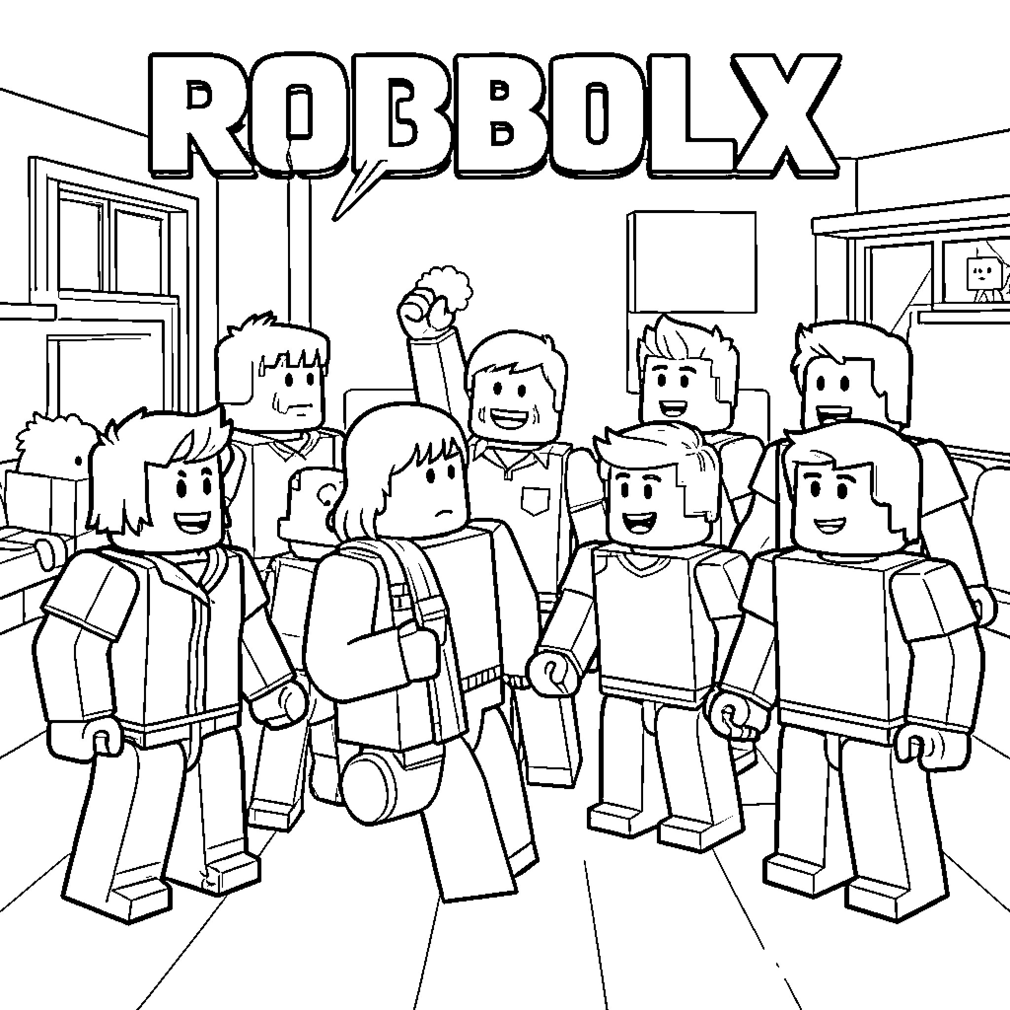 Roblox characters in an indoor scene Coloring Page (free black-and-white line drawing printable PDF for all, from beginners to advanced learners, including children, teens, adults, and seniors)