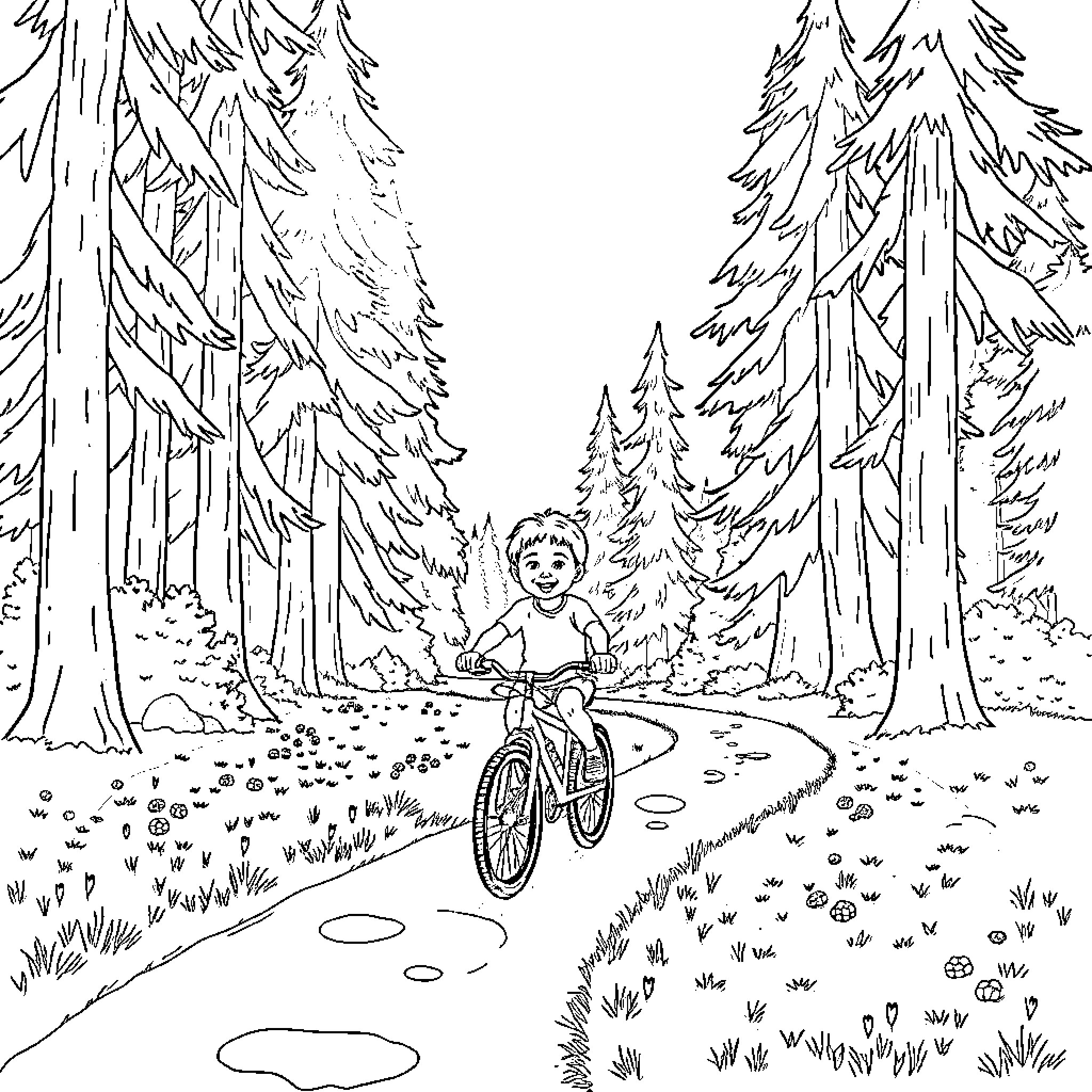 Child cycling through the enchanting forest path Coloring Page (free black-and-white line drawing printable PDF for all, from beginners to advanced learners, including children, teens, adults, and seniors)