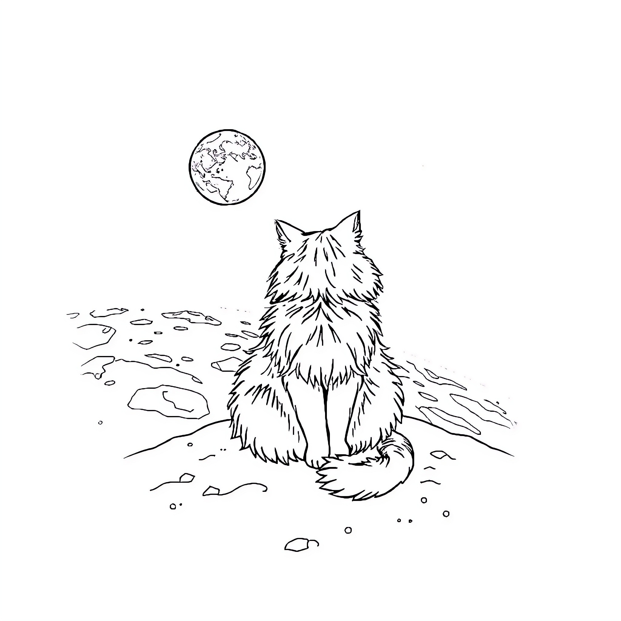 Cat gazing at the moon in the wilderness Coloring Page (free black-and-white line drawing printable PDF for all, from beginners to advanced learners, including children, teens, adults, and seniors)