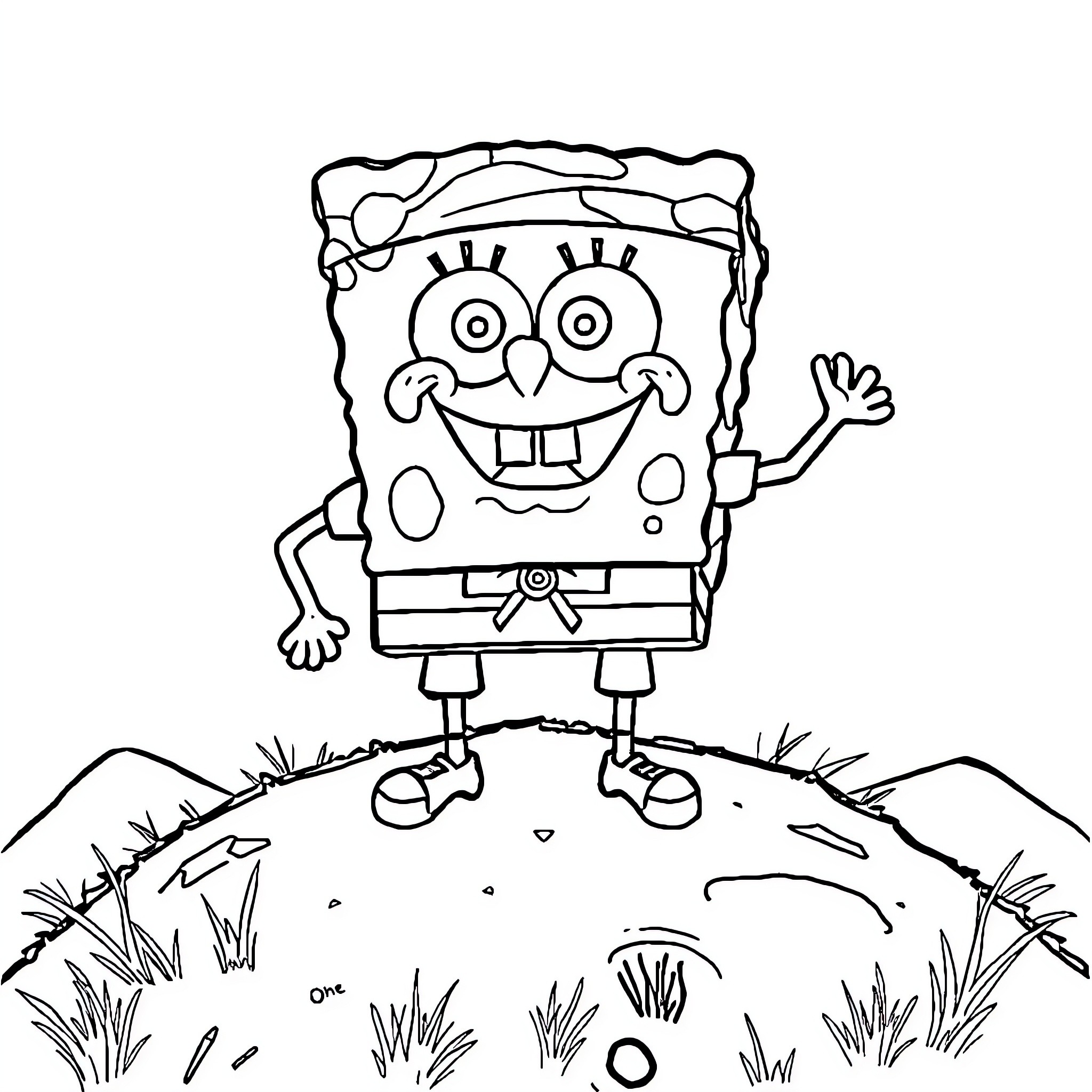 Spongebob happily waving in the grassy field Coloring Page (free black-and-white line drawing printable PDF for all, from beginners to advanced learners, including children, teens, adults, and seniors)