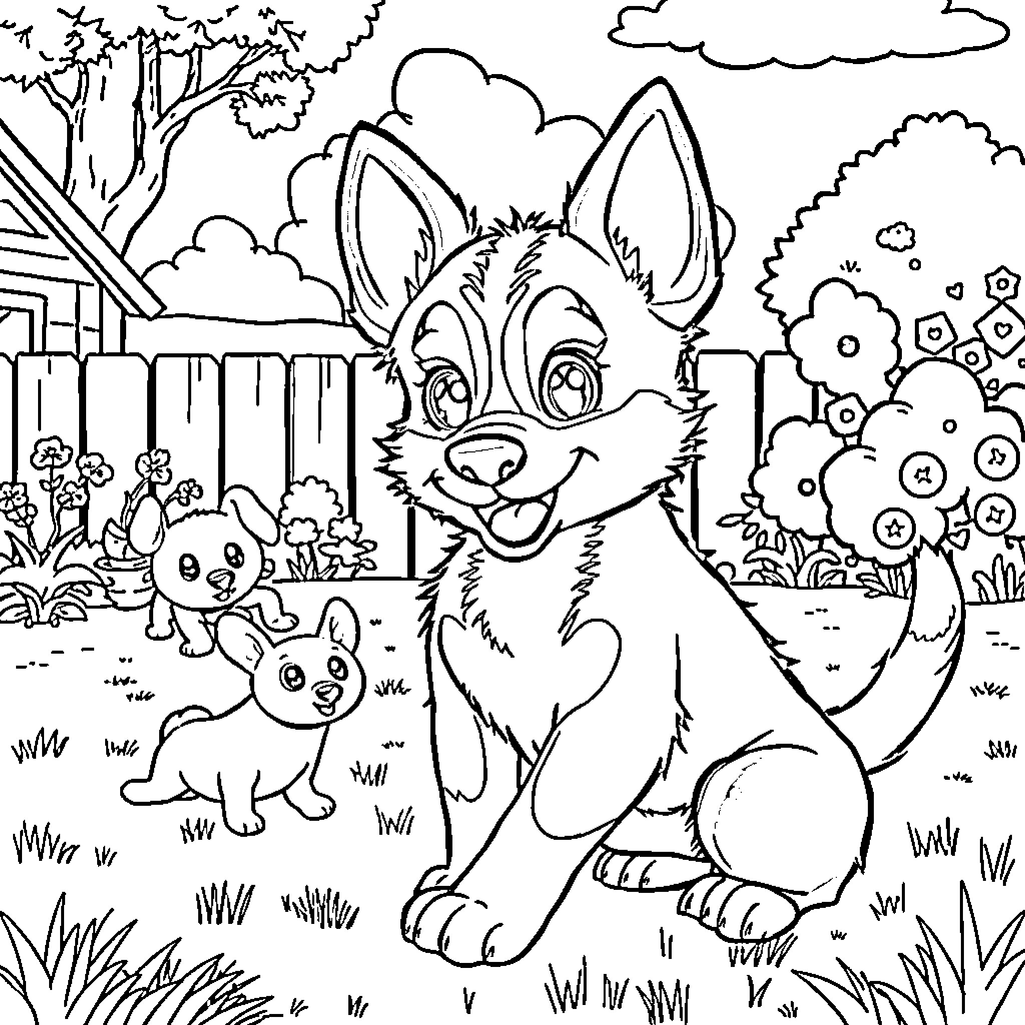 Bluey playing with puppy in the backyard Coloring Page (free black-and-white line drawing printable PDF for all, from beginners to advanced learners, including children, teens, adults, and seniors)