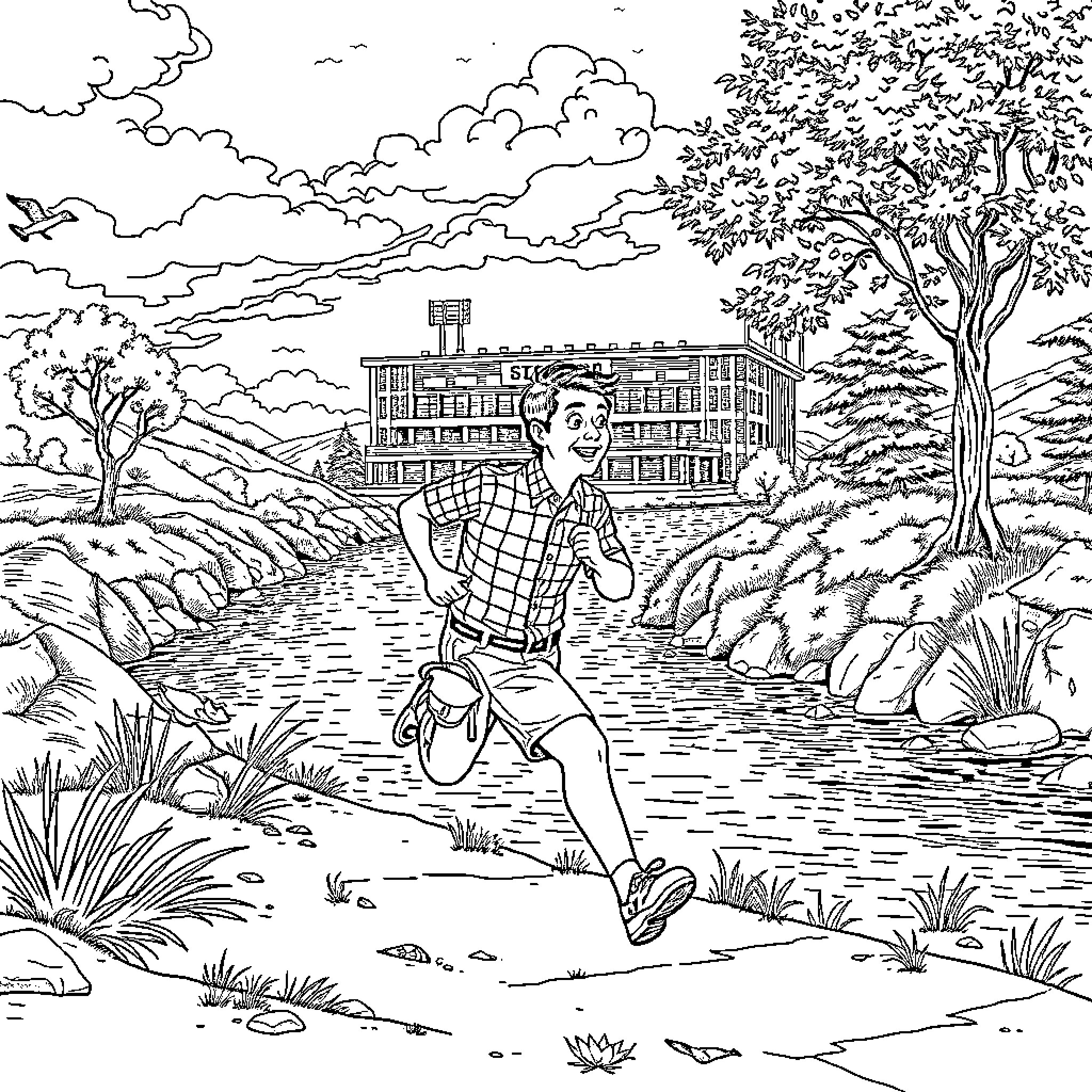 Forrest Gump running through the forest landscape Coloring Page (free black-and-white line drawing printable PDF for all, from beginners to advanced learners, including children, teens, adults, and seniors)