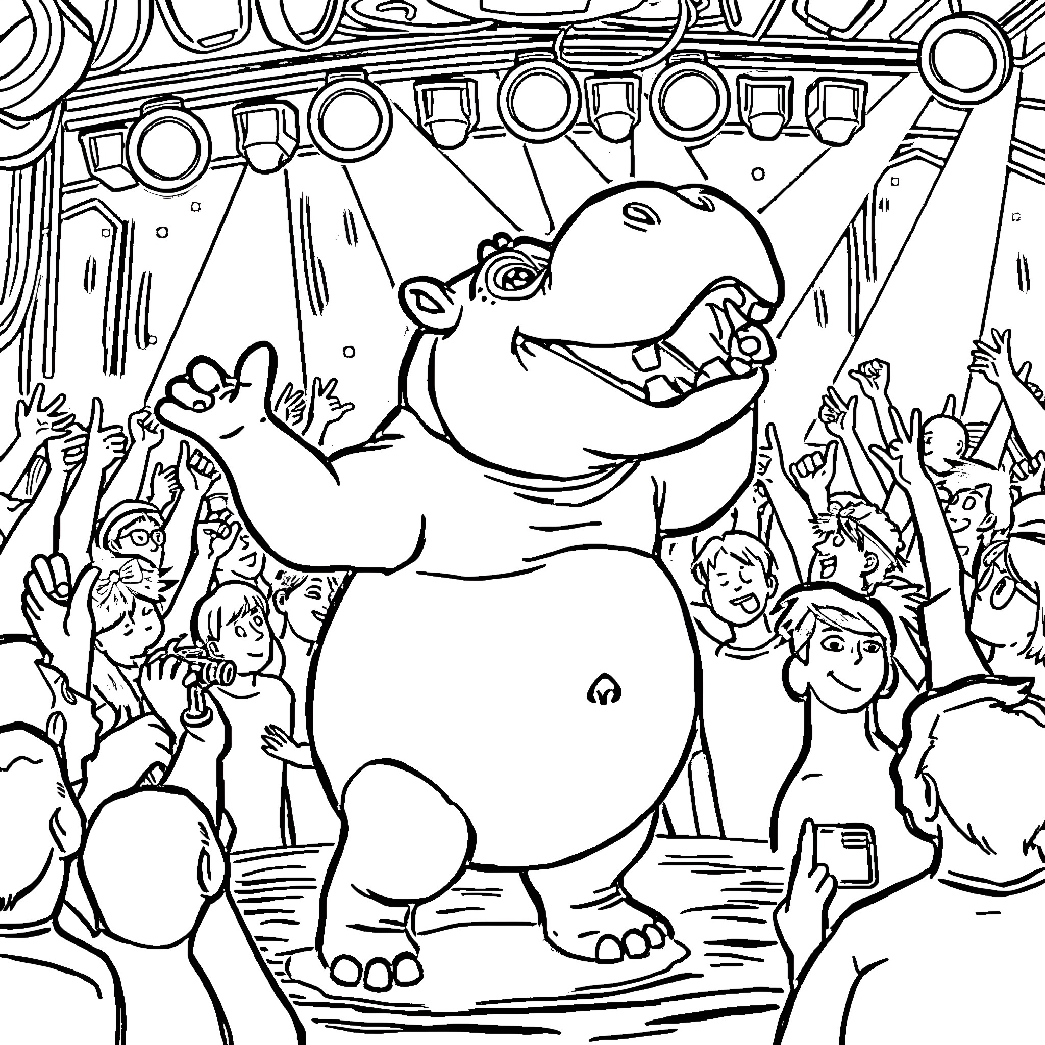 Hippo performing on stage with audience Coloring Page (free black-and-white line drawing printable PDF for all, from beginners to advanced learners, including children, teens, adults, and seniors)