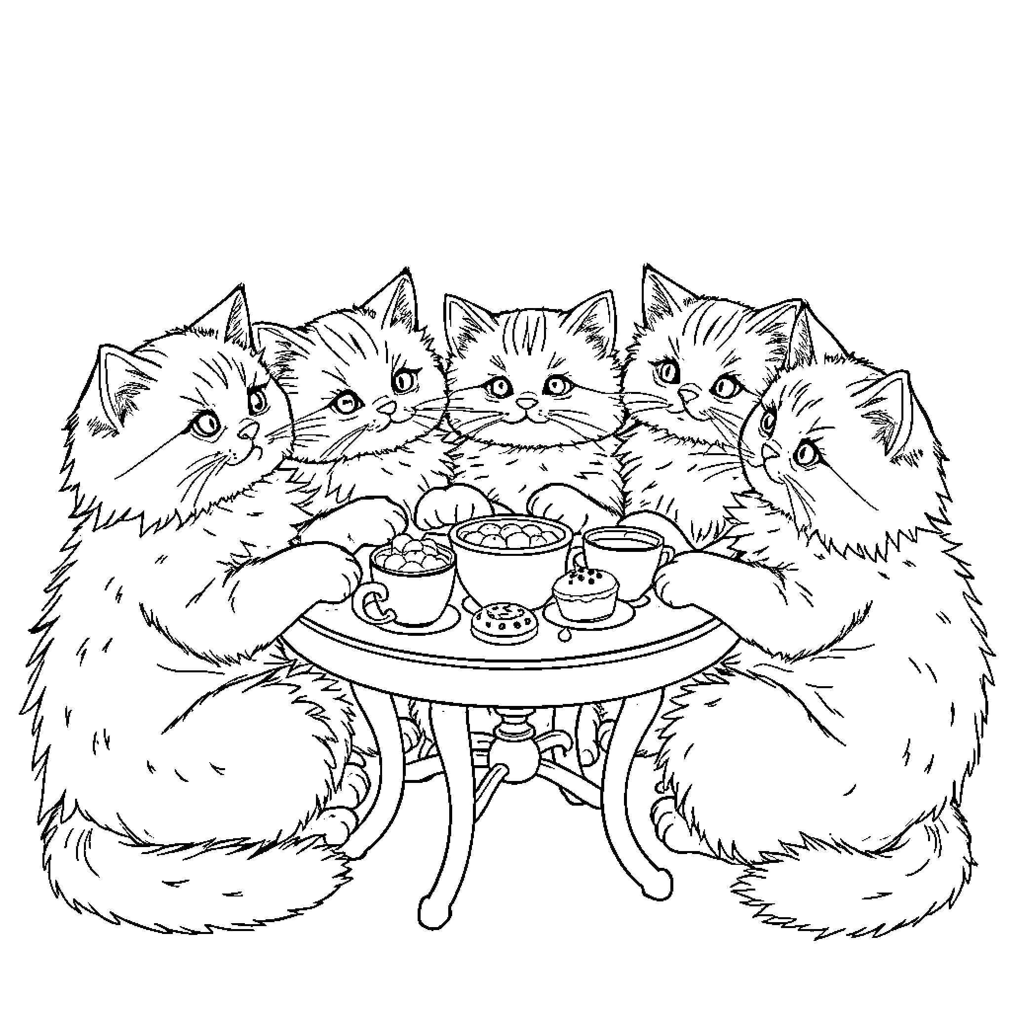 Cat Enjoying a Tea Party with Kittens Coloring Page (free black-and-white line drawing printable PDF for all, from beginners to advanced learners, including children, teens, adults, and seniors)
