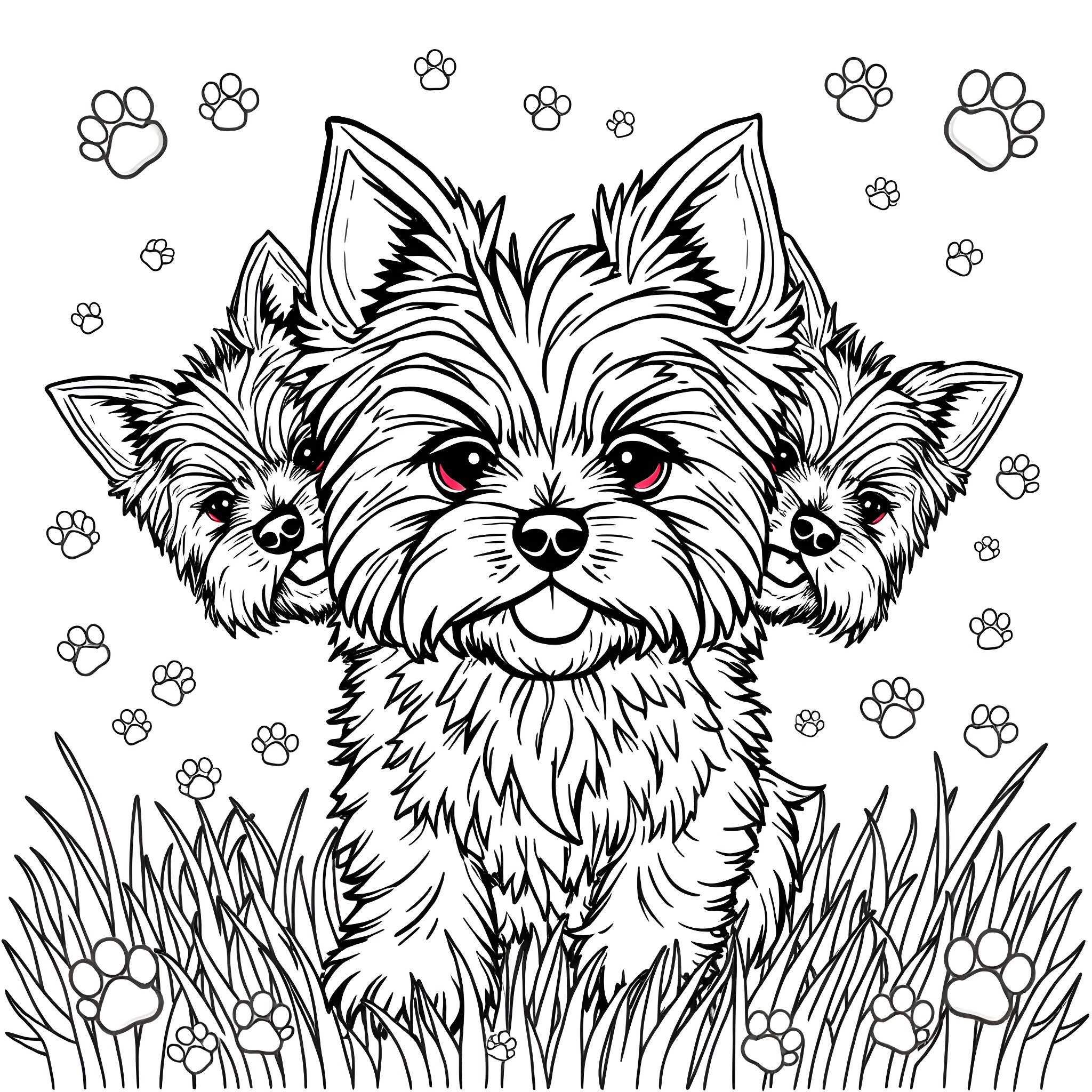 Yorkie puppies playing in the grass Coloring Page (free black-and-white line drawing printable PDF for all, from beginners to advanced learners, including children, teens, adults, and seniors)
