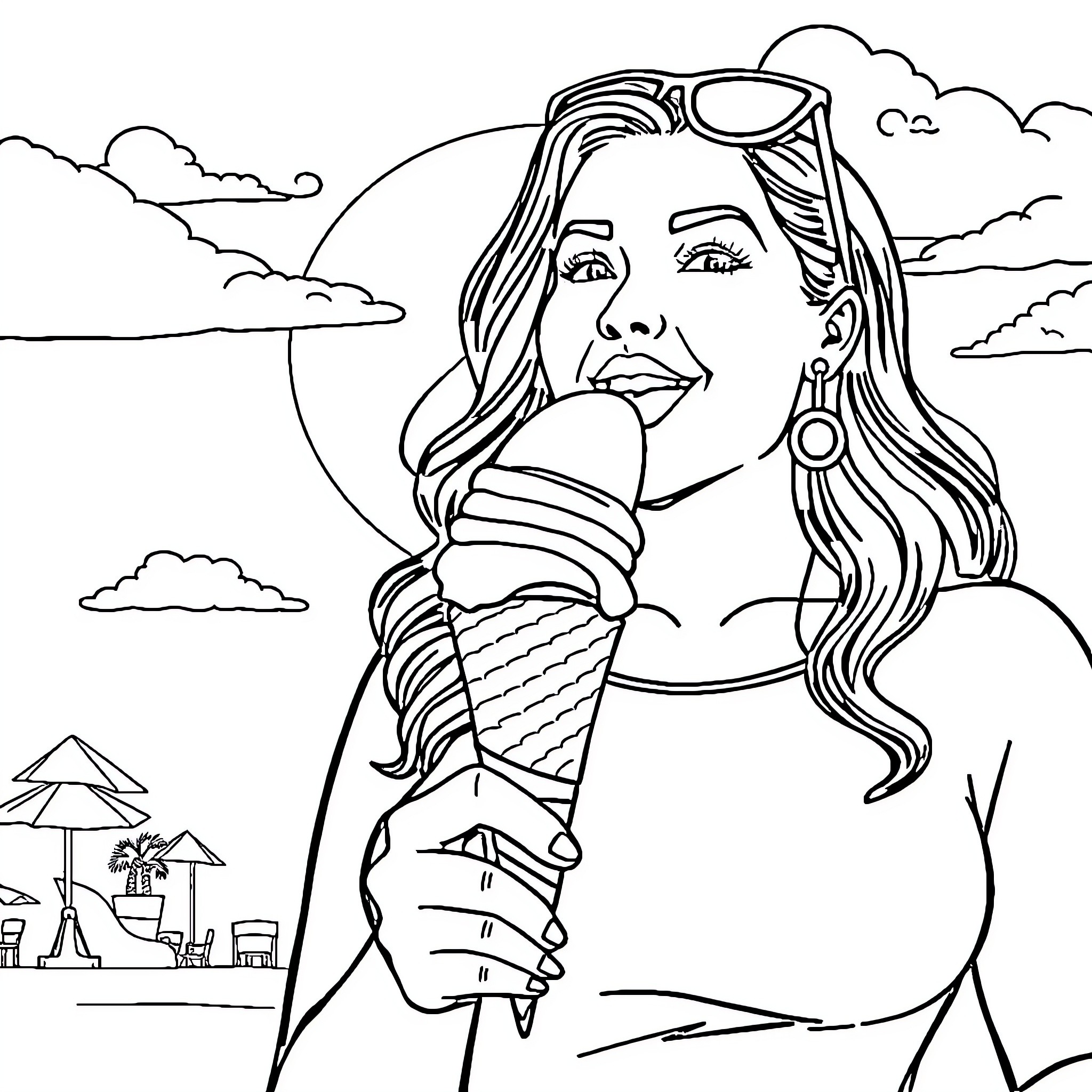 Woman enjoying an ice cream on the beach Coloring Page (free black-and-white line drawing printable PDF for all, from beginners to advanced learners, including children, teens, adults, and seniors)