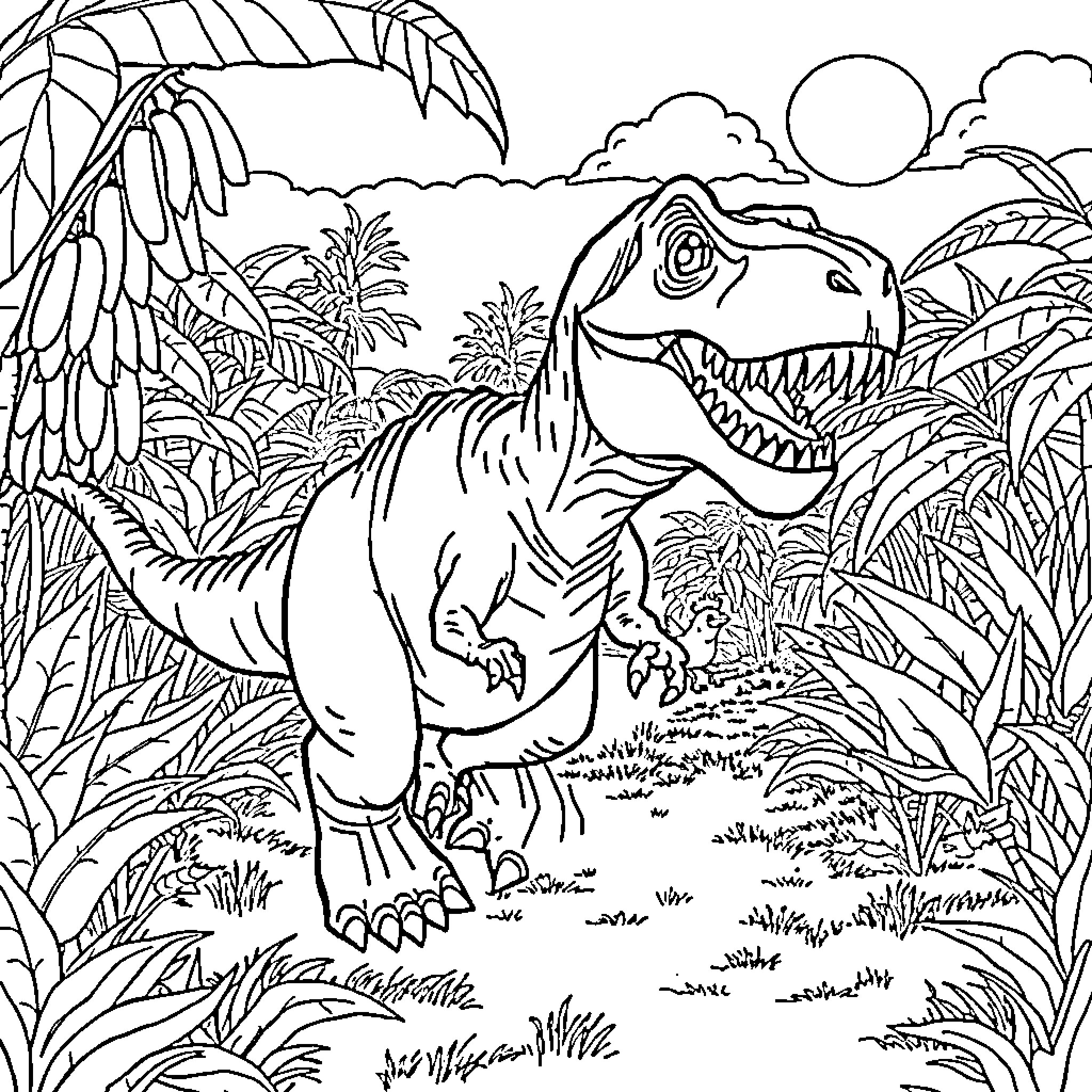 T-Rex Roaring in Prehistoric Jungle Landscape Coloring Page (free black-and-white line drawing printable PDF for all, from beginners to advanced learners, including children, teens, adults, and seniors)