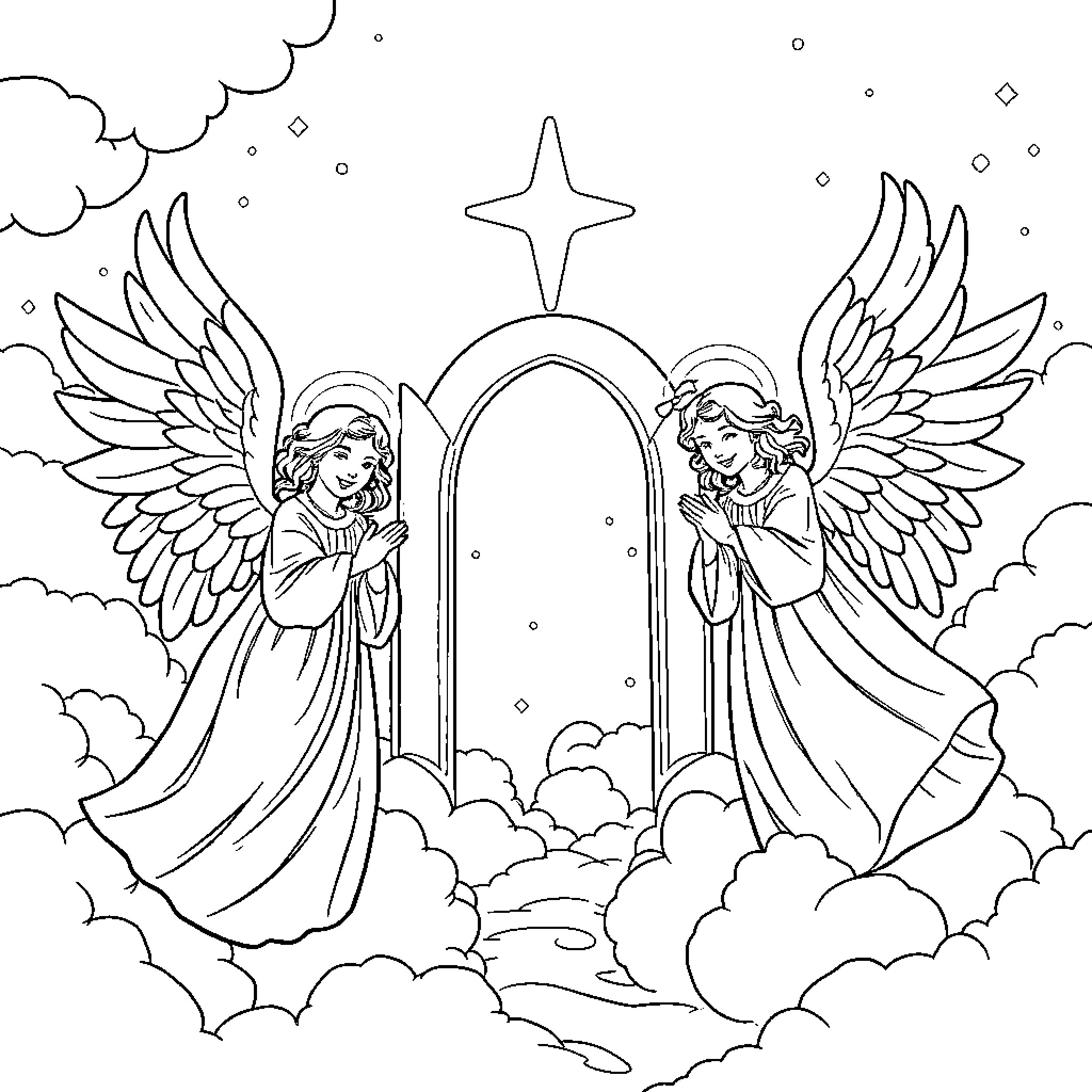 Angel figures in heavenly scene Coloring Page (free black-and-white line drawing printable PDF for all, from beginners to advanced learners, including children, teens, adults, and seniors)