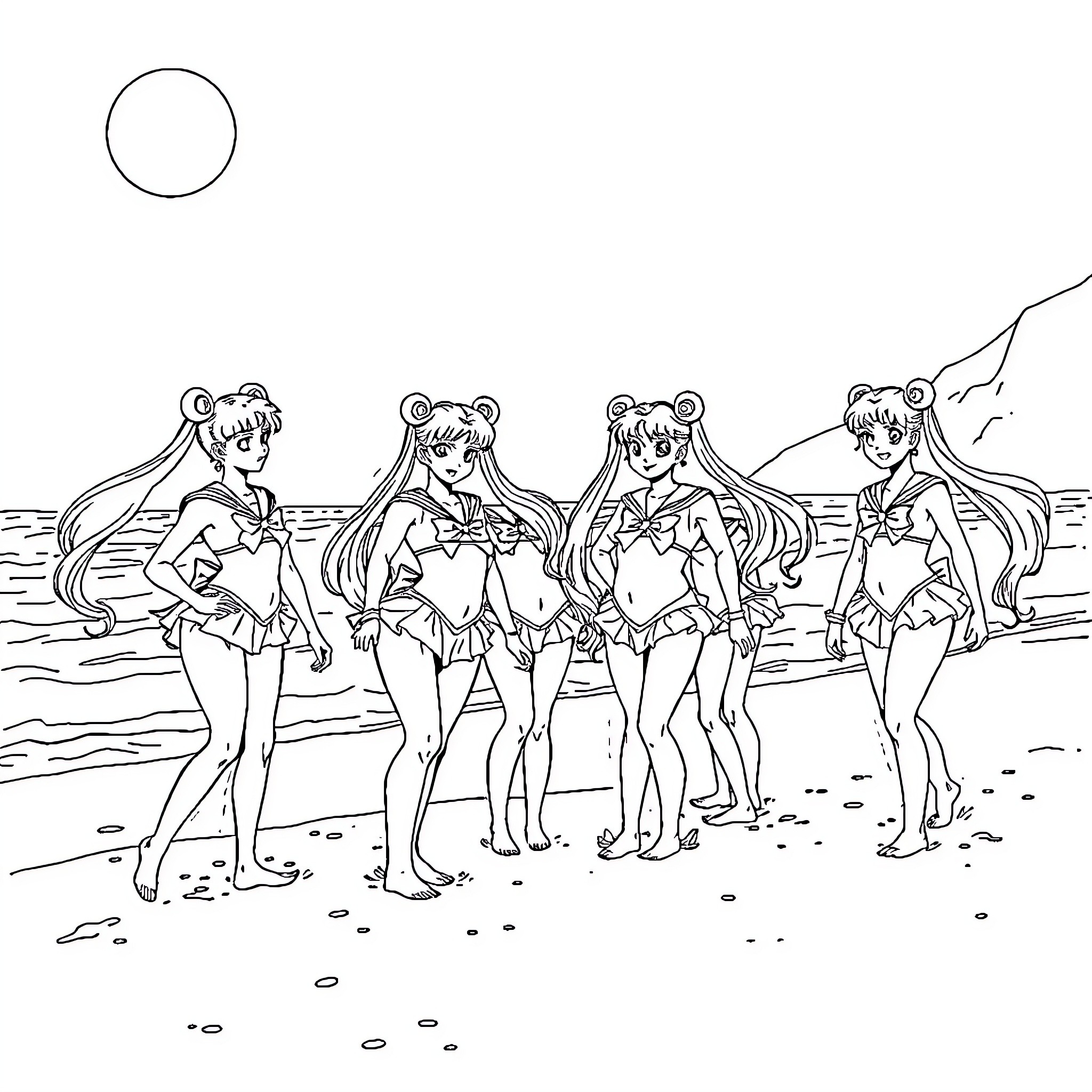 Sailor Moon and friends on the beach Coloring Page (free black-and-white line drawing printable PDF for all, from beginners to advanced learners, including children, teens, adults, and seniors)