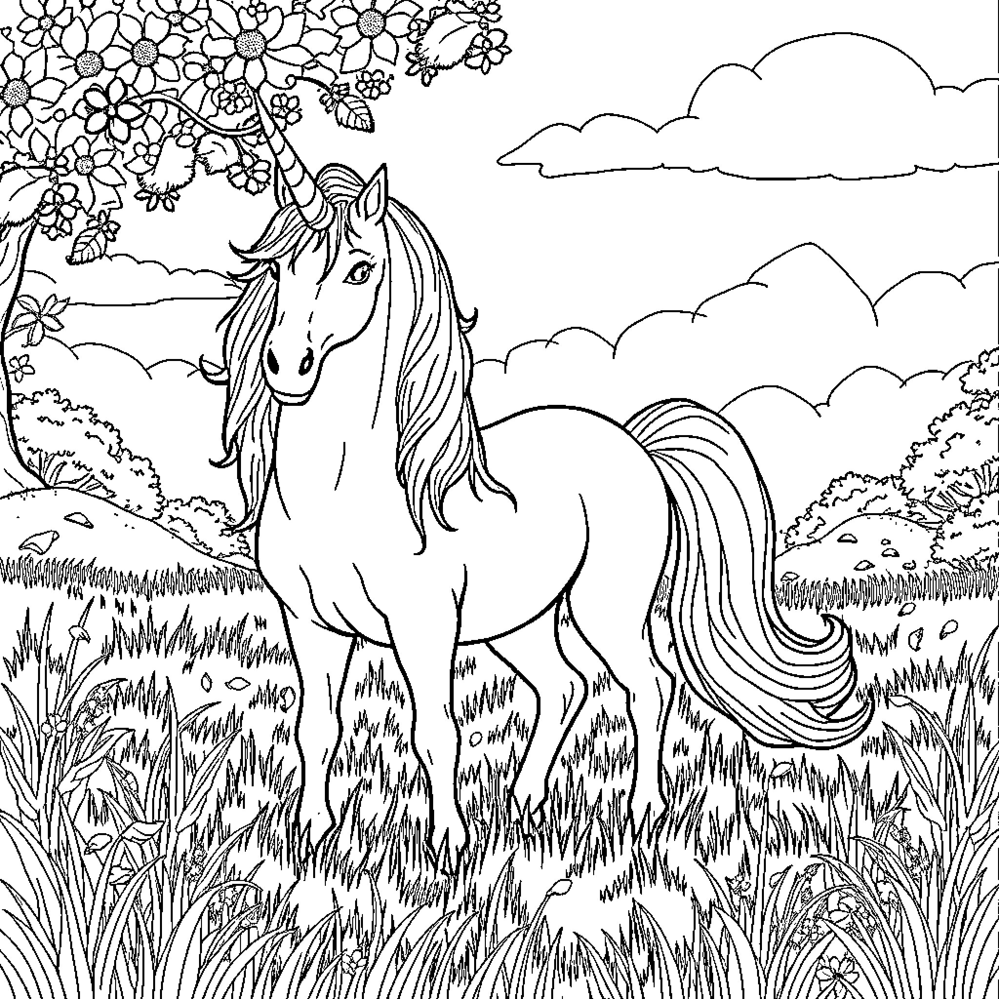 Unicorn standing in a field of flowers Coloring Page (free black-and-white line drawing printable PDF for all, from beginners to advanced learners, including children, teens, adults, and seniors)