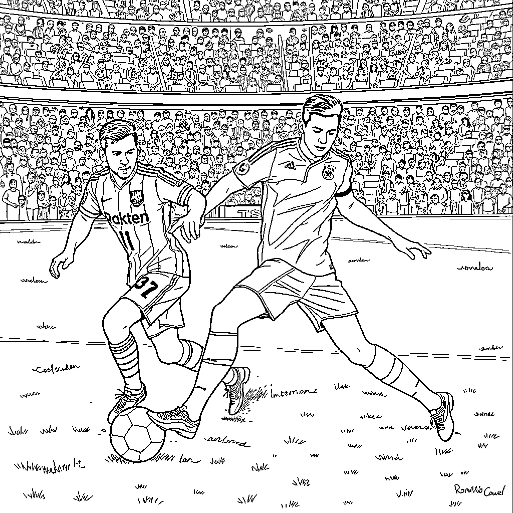 Messi and Ronaldo in an intense football match Coloring Page (free black-and-white line drawing printable PDF for all, from beginners to advanced learners, including children, teens, adults, and seniors)