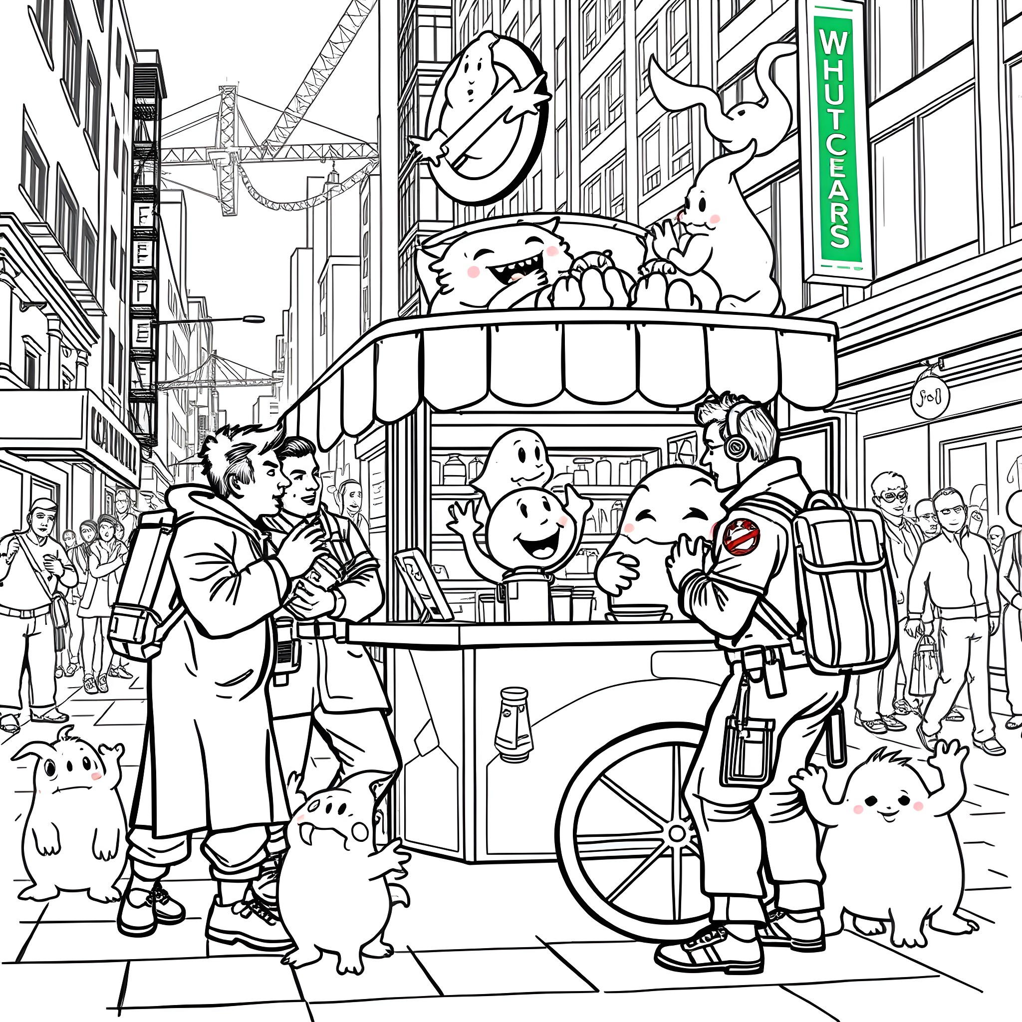 Ghostbusters in action, catching spooky creatures in the city Coloring Page (free black-and-white line drawing printable PDF for all, from beginners to advanced learners, including children, teens, adults, and seniors)