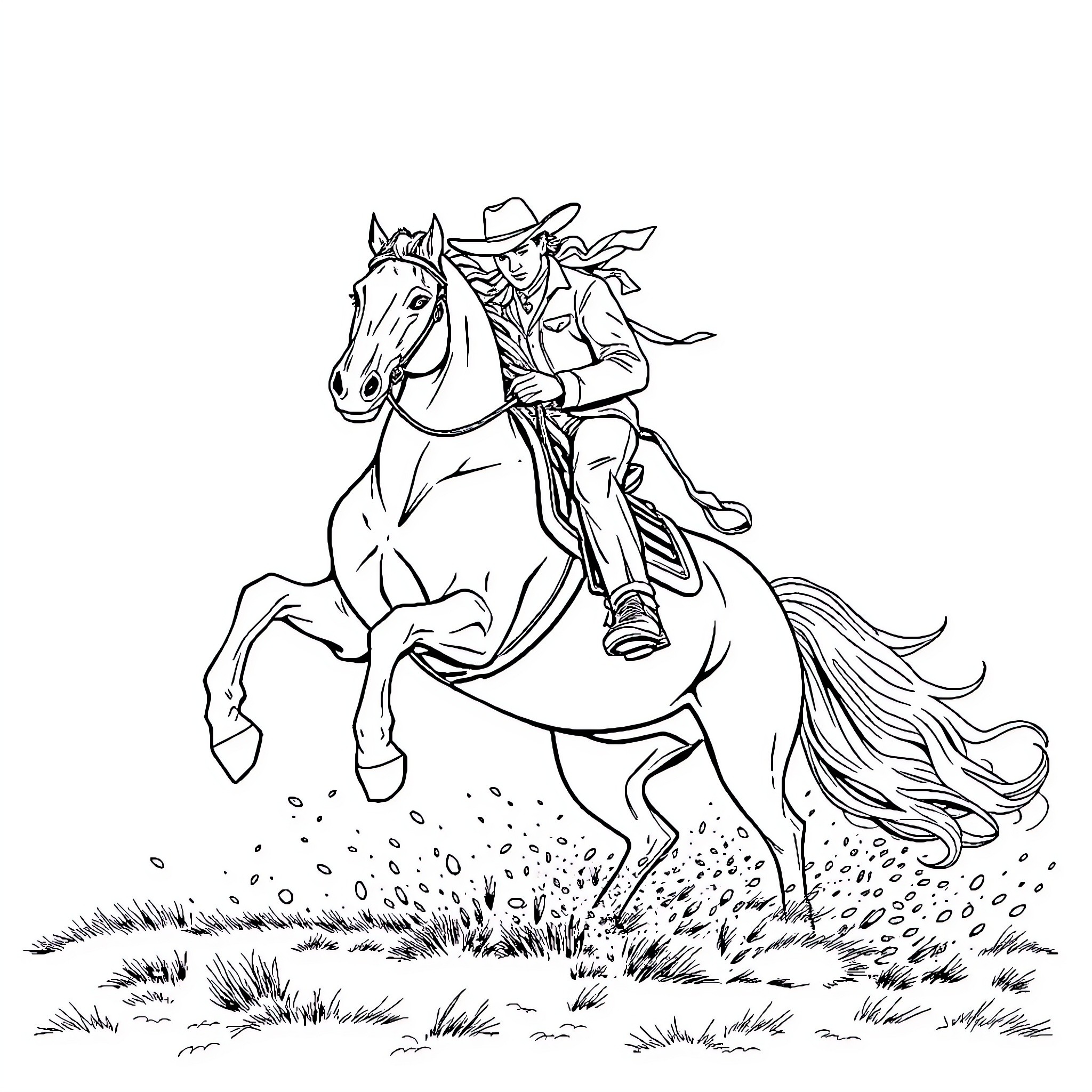 Horse-Riding Cowboy in Action Coloring Page (free black-and-white line drawing printable PDF for all, from beginners to advanced learners, including children, teens, adults, and seniors)