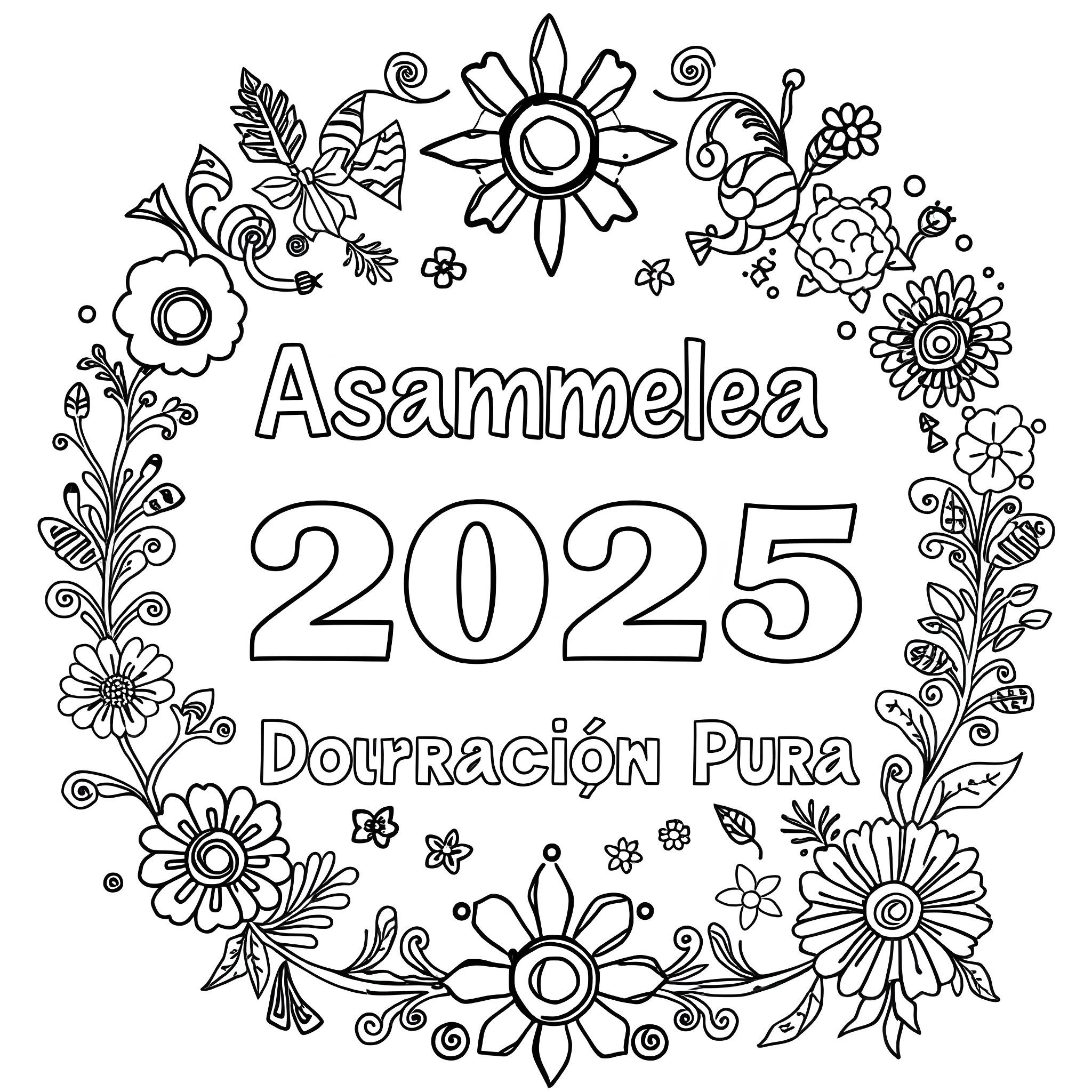 Asamblea 2025: Flowery Celebration Coloring Page (free black-and-white line drawing printable PDF for all, from beginners to advanced learners, including children, teens, adults, and seniors)