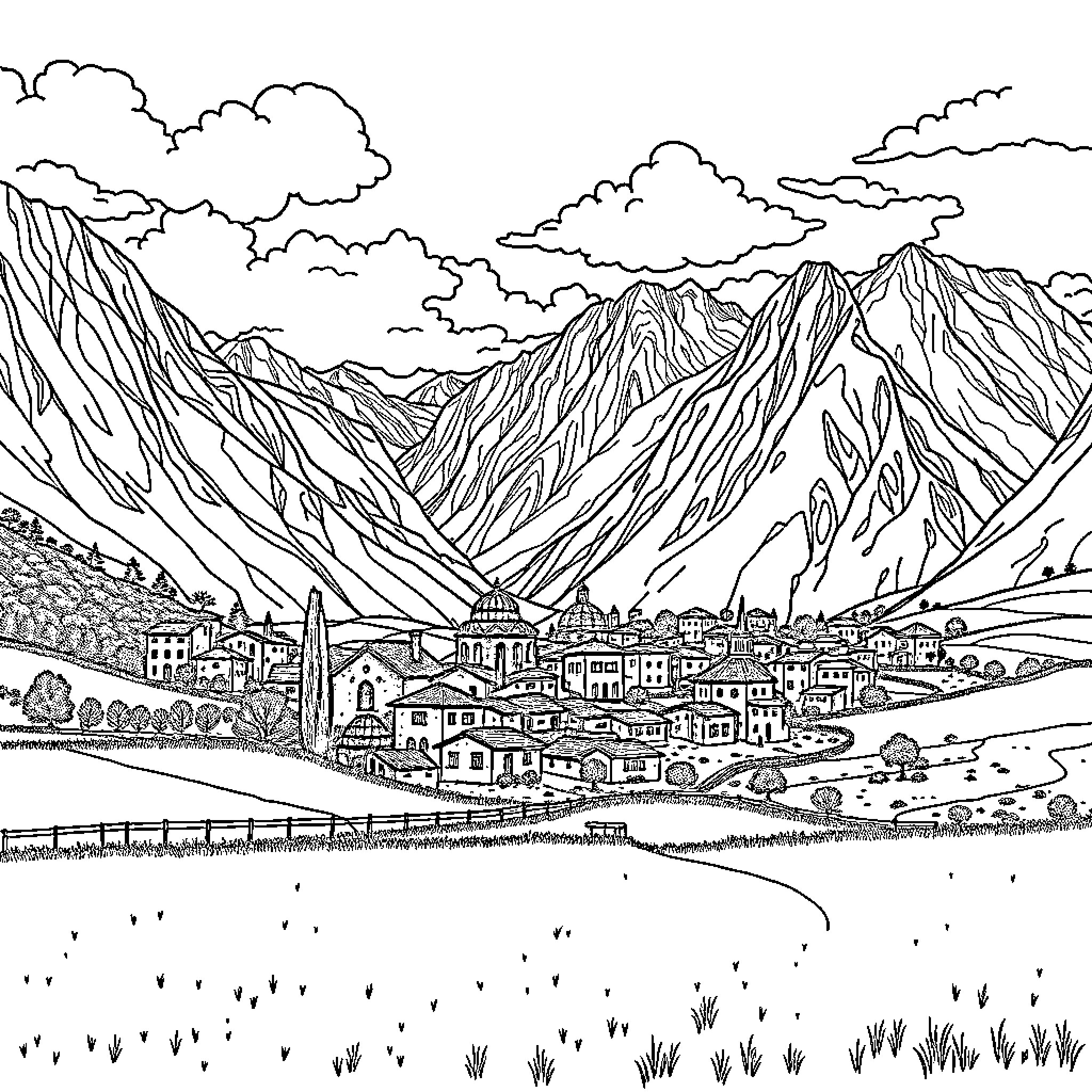 Tierra: Picturesque Mountain Village Landscape Coloring Page (free black-and-white line drawing printable PDF for all, from beginners to advanced learners, including children, teens, adults, and seniors)