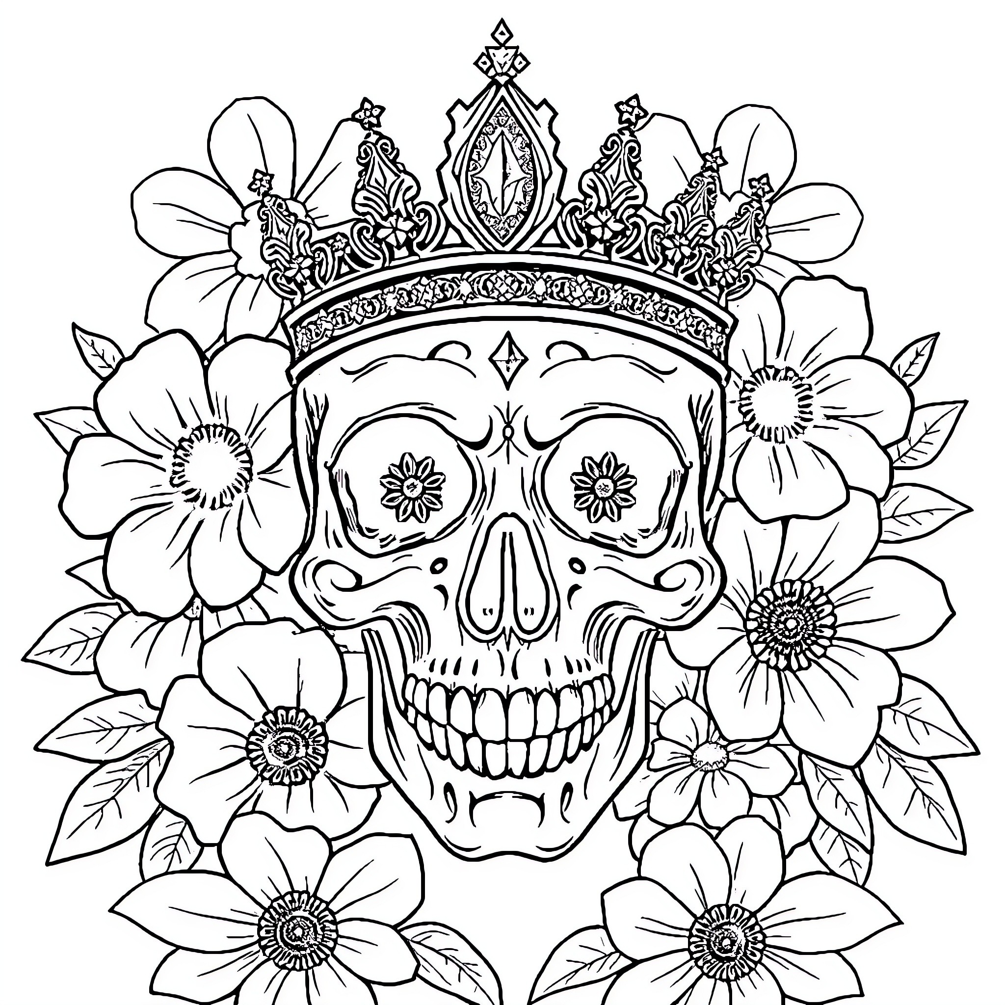 Skull with floral crown and ornate design Coloring Page (free black-and-white line drawing printable PDF for all, from beginners to advanced learners, including children, teens, adults, and seniors)