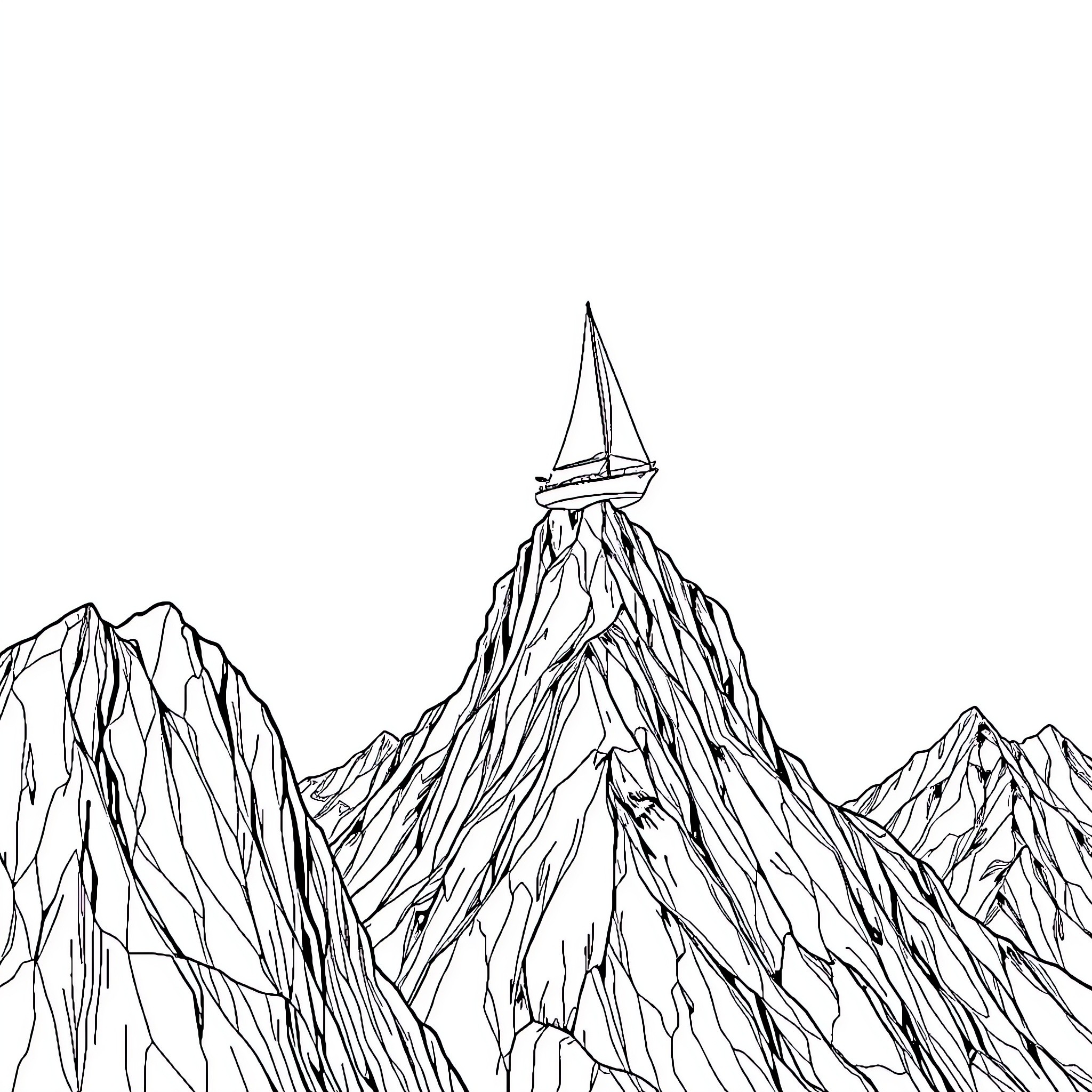 Sailboat sailing atop rugged mountain peaks Coloring Page (free black-and-white line drawing printable PDF for all, from beginners to advanced learners, including children, teens, adults, and seniors)