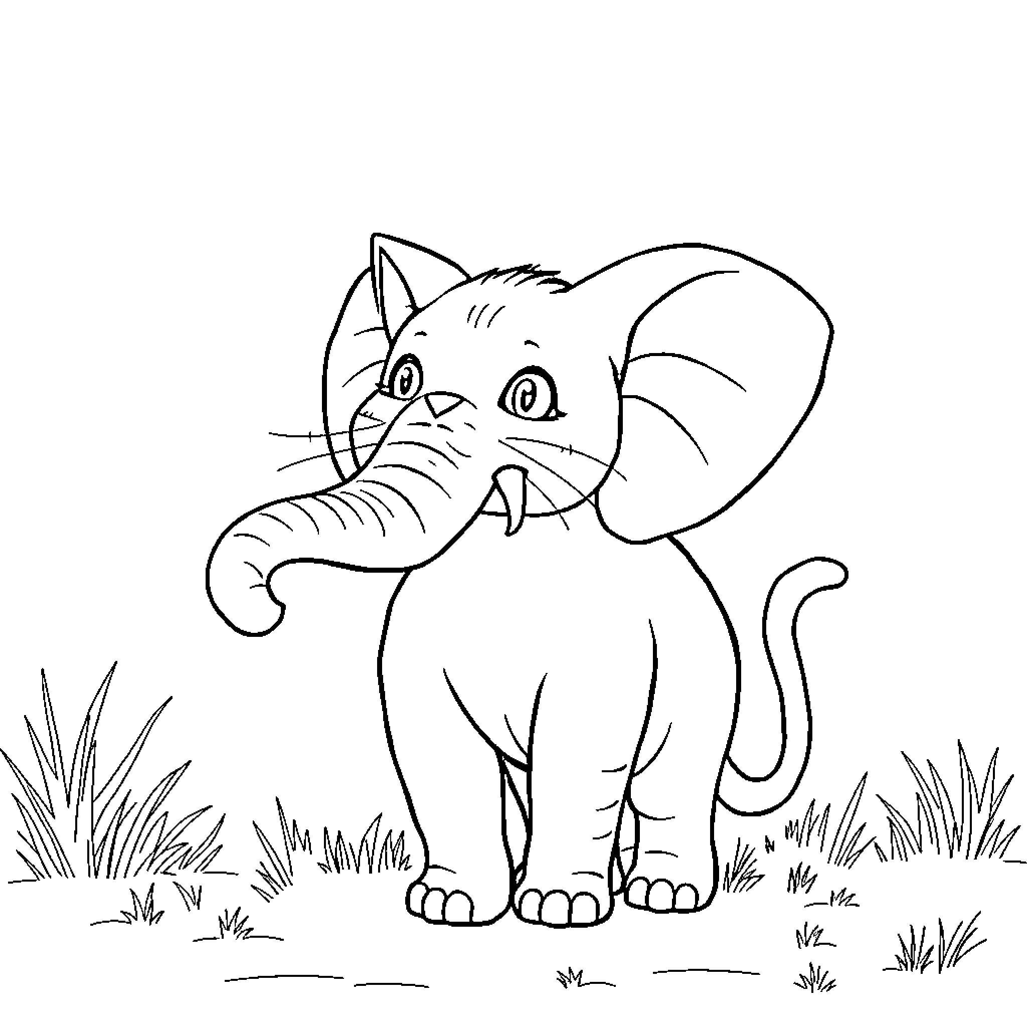 Cat with elephant trunk in field Coloring Page (free black-and-white line drawing printable PDF for all, from beginners to advanced learners, including children, teens, adults, and seniors)