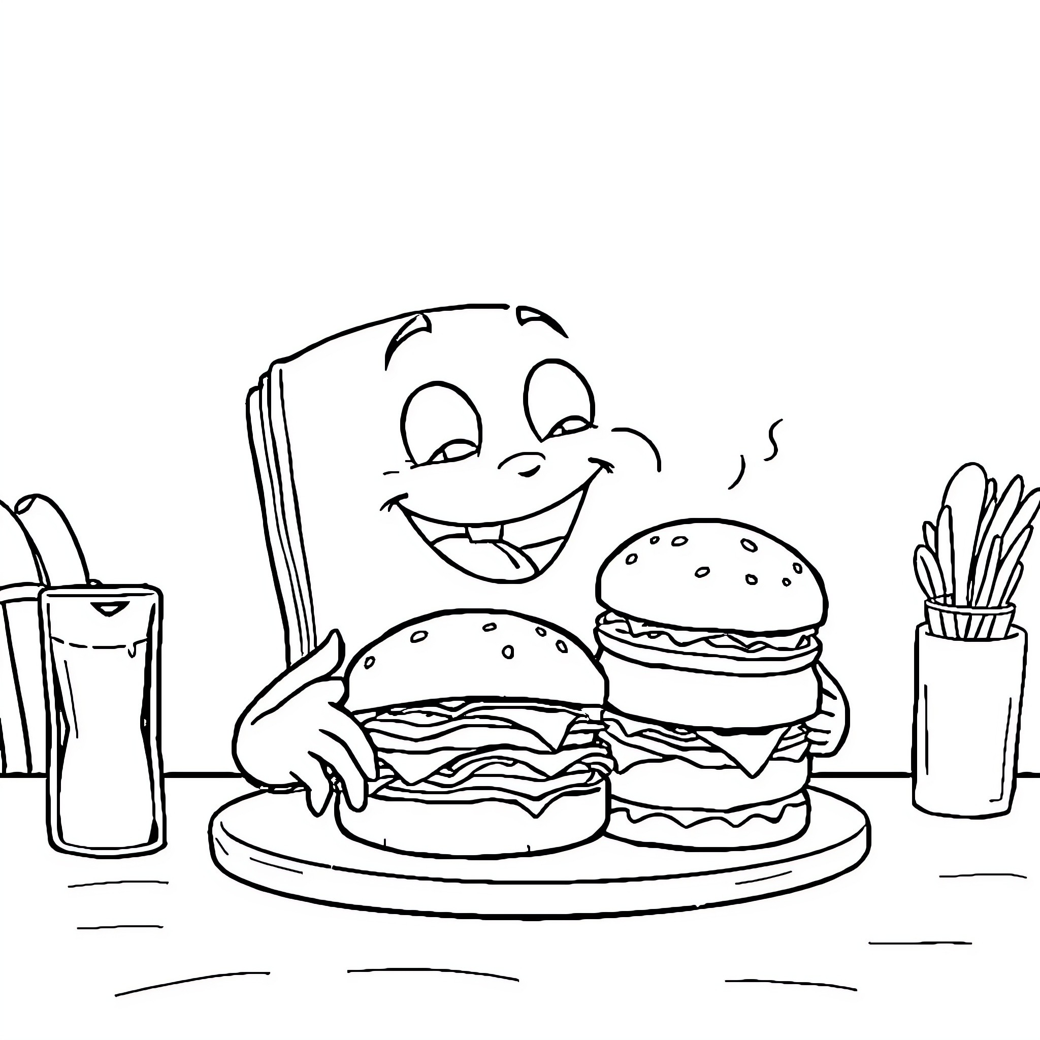 Book of Happy Hamburgers and Fast Food Delights Coloring Page (free black-and-white line drawing printable PDF for all, from beginners to advanced learners, including children, teens, adults, and seniors)
