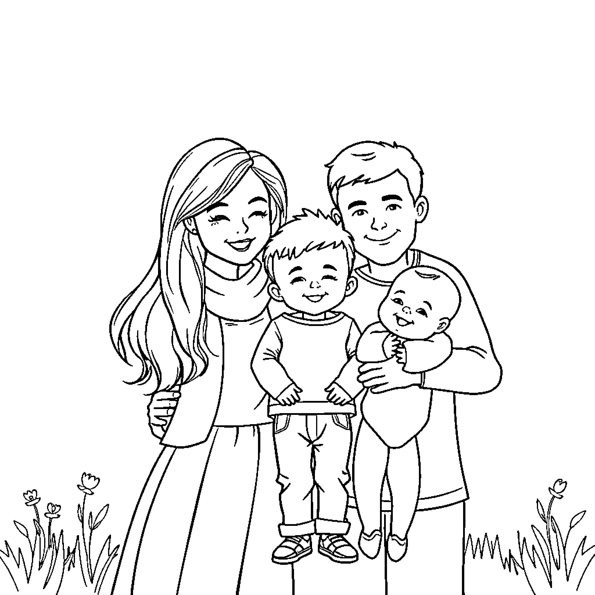 Family Enjoying Time Together Outdoors Coloring Page (free black-and-white line drawing printable PDF for all, from beginners to advanced learners, including children, teens, adults, and seniors)