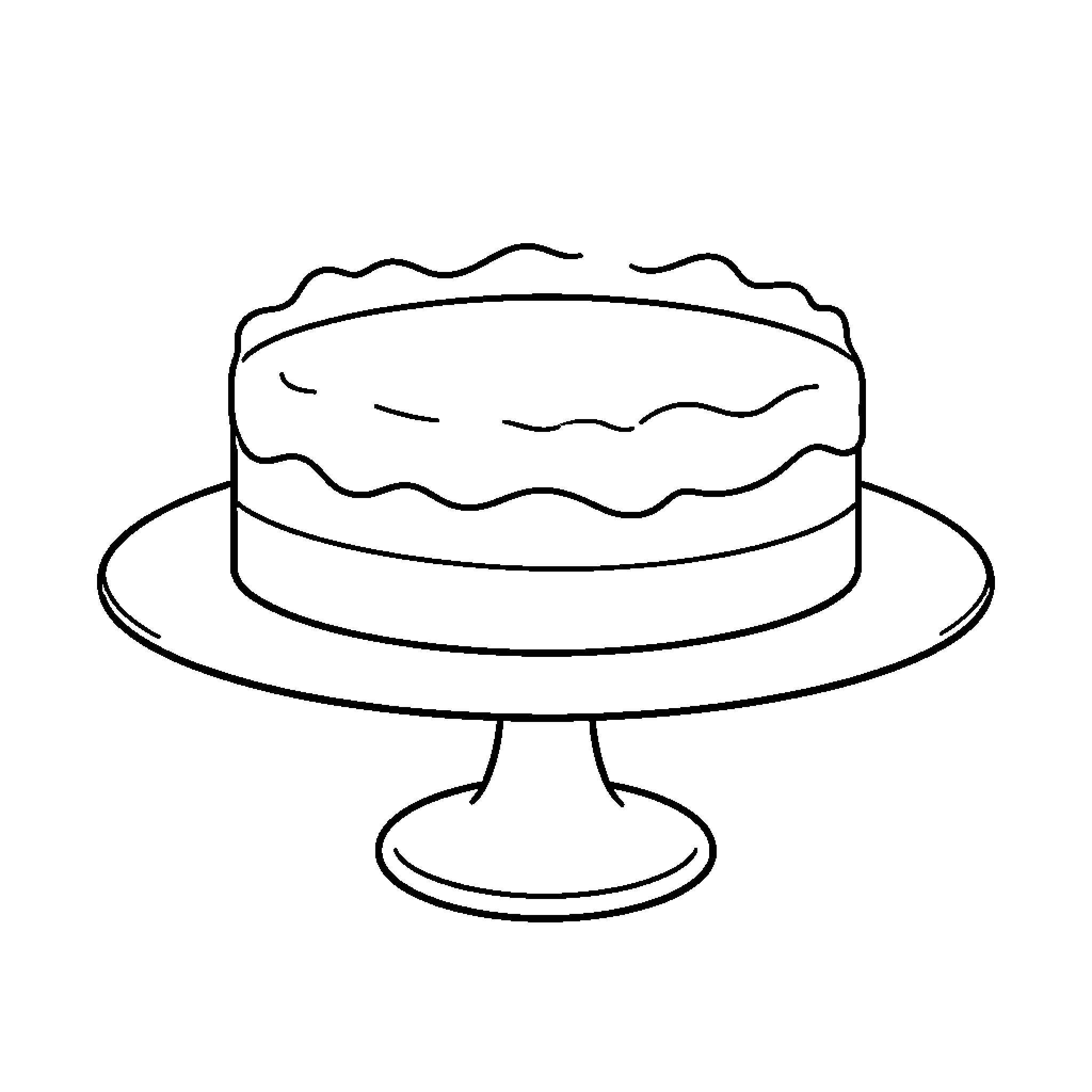 Taartplateau holding a delicious frosted cake Coloring Page (free black-and-white line drawing printable PDF for all, from beginners to advanced learners, including children, teens, adults, and seniors)