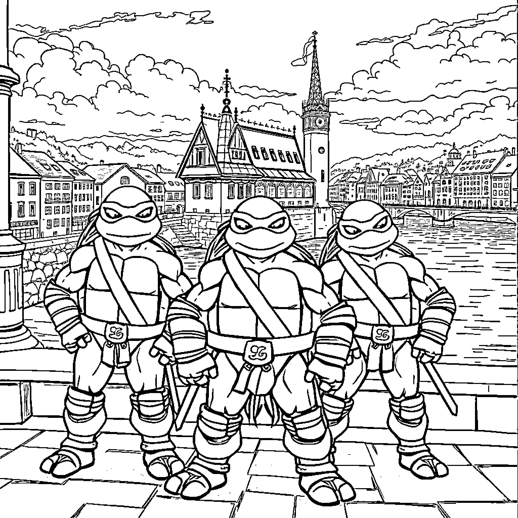 Ninja Turtles exploring the city in their distinctive outfits Coloring Page (free black-and-white line drawing printable PDF for all, from beginners to advanced learners, including children, teens, adults, and seniors)
