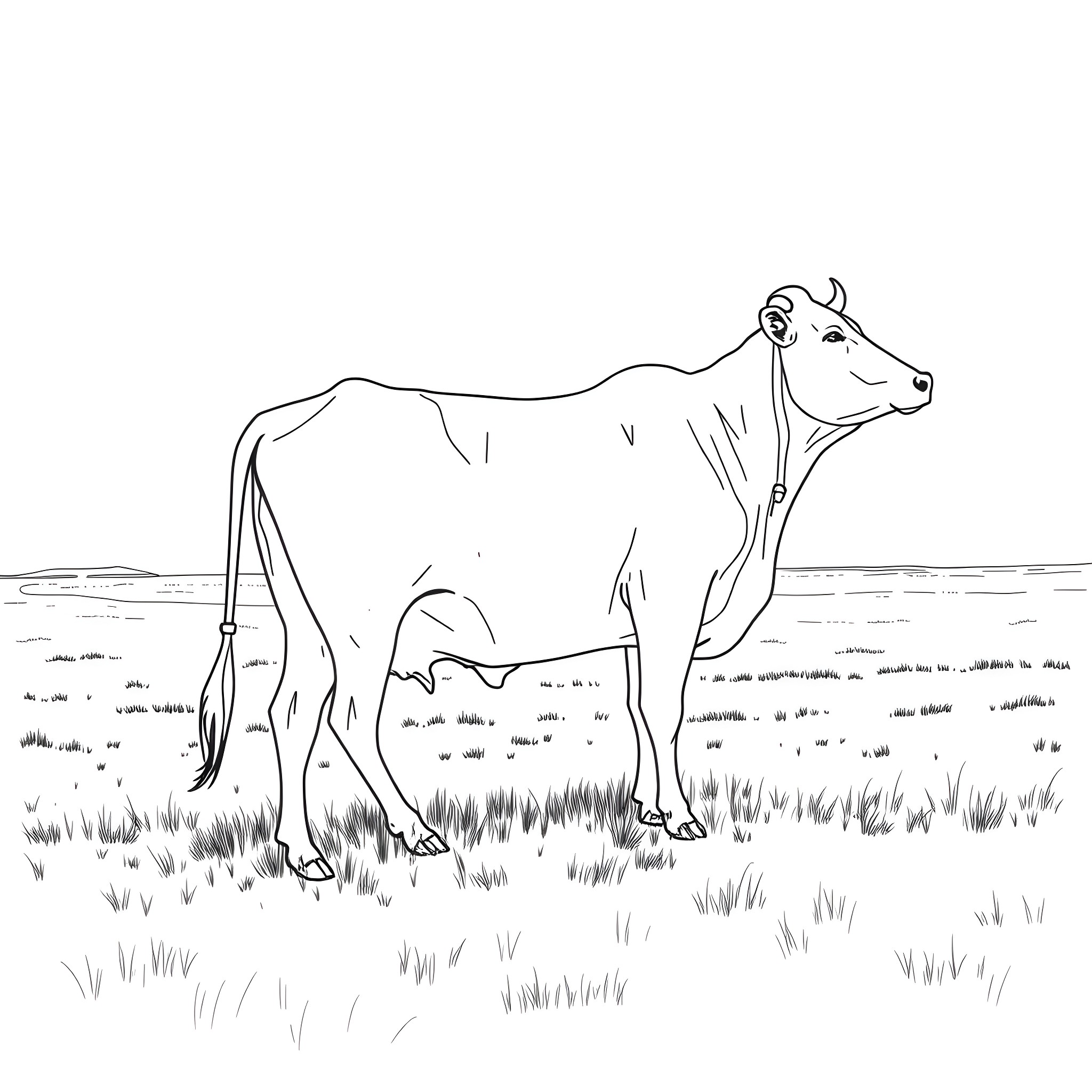 Cow standing alone in a grassy field Coloring Page (free black-and-white line drawing printable PDF for all, from beginners to advanced learners, including children, teens, adults, and seniors)