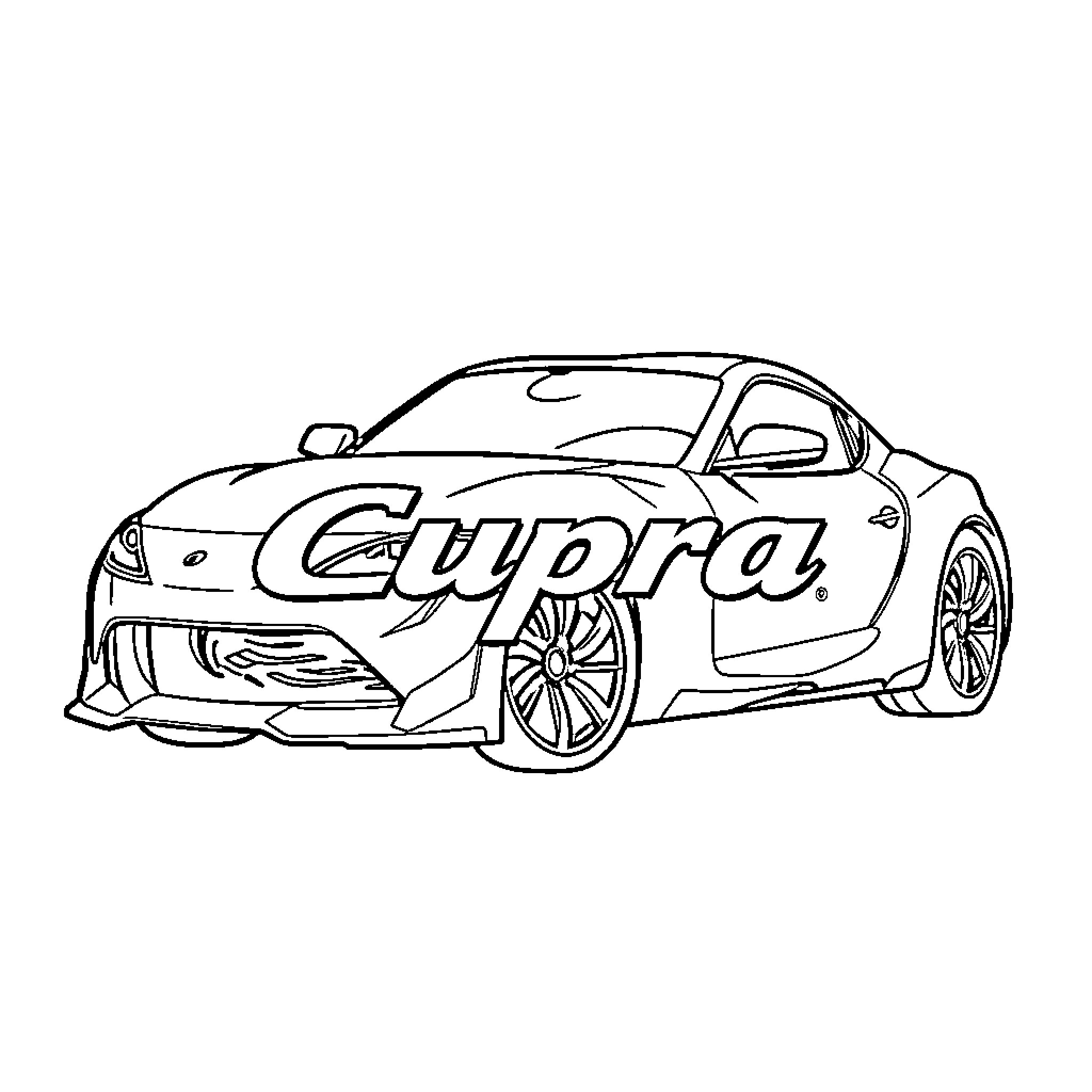 Cupra sports car in stylized outline Coloring Page (free black-and-white line drawing printable PDF for all, from beginners to advanced learners, including children, teens, adults, and seniors)