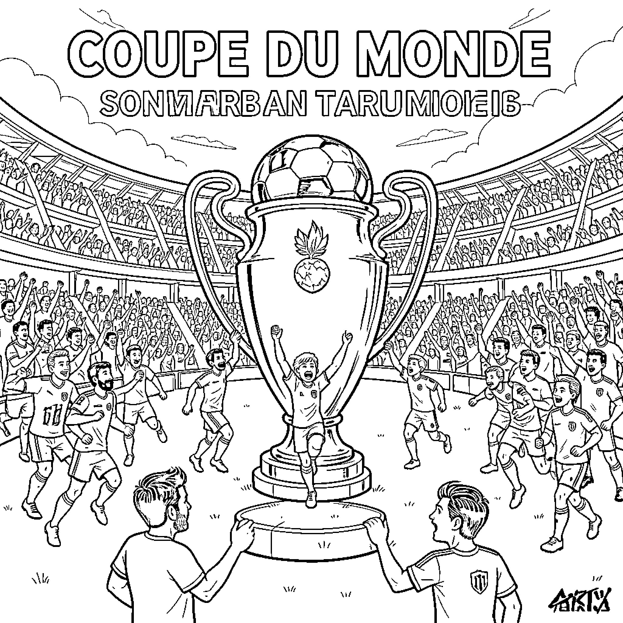 World Cup trophy held high by celebrating players Coloring Page (free black-and-white line drawing printable PDF for all, from beginners to advanced learners, including children, teens, adults, and seniors)