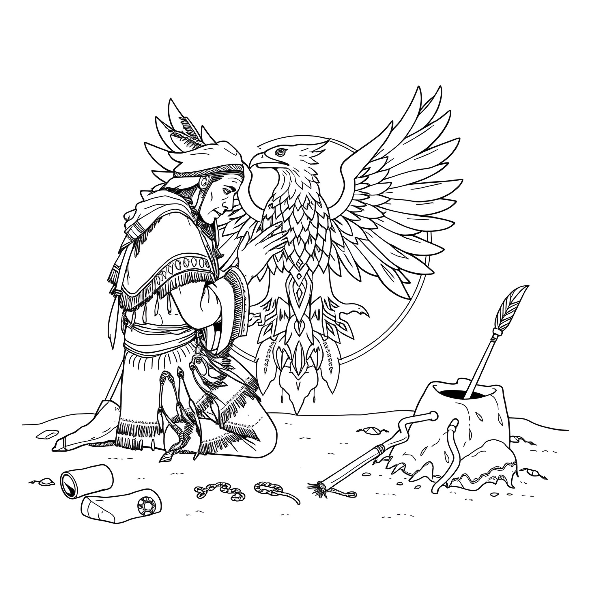 Shaman wielding staff with powerful eagle spirit Coloring Page (free black-and-white line drawing printable PDF for all, from beginners to advanced learners, including children, teens, adults, and seniors)