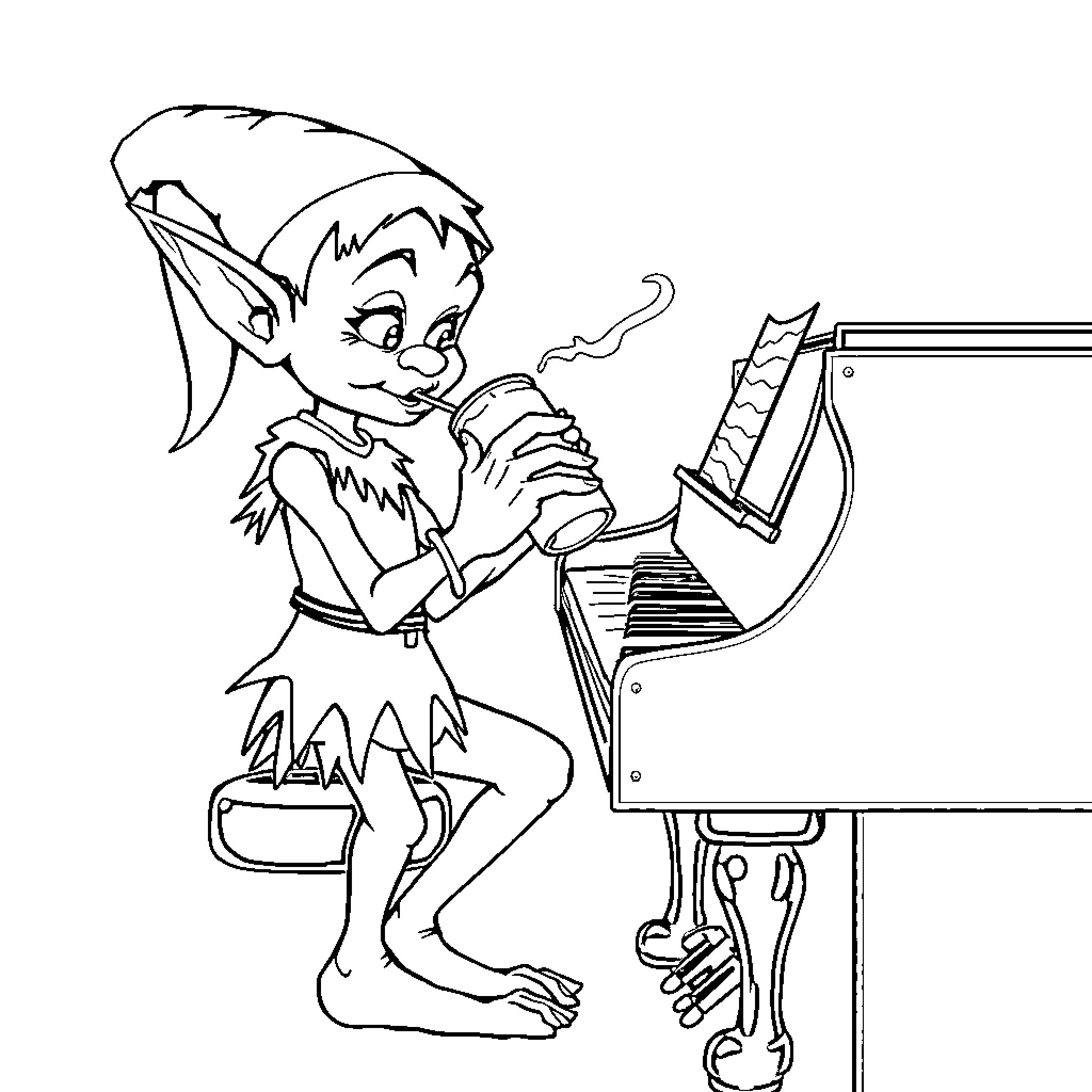 Elf Playing a Magical Tune on the Piano Coloring Page (free black-and-white line drawing printable PDF for all, from beginners to advanced learners, including children, teens, adults, and seniors)