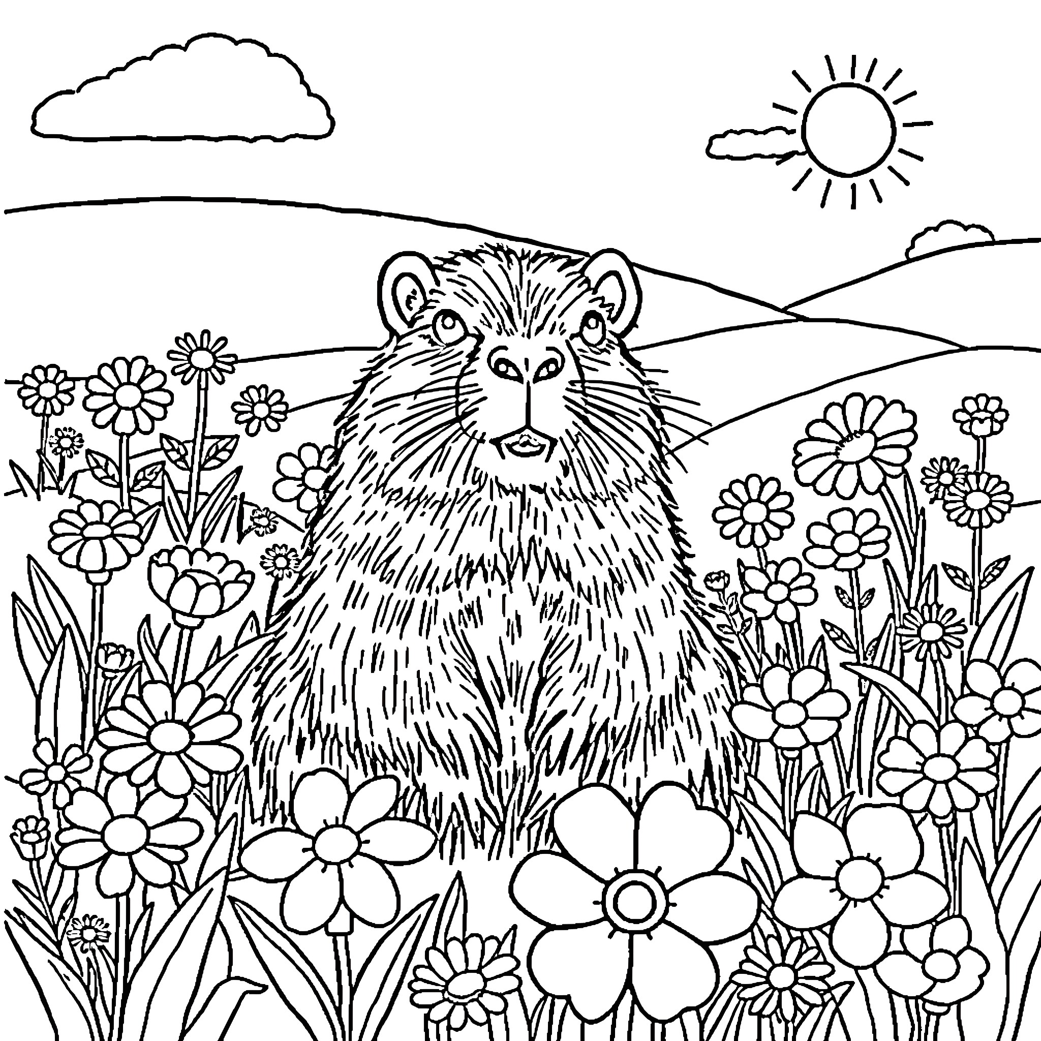 Capybara enjoying a sunny day in a floral meadow Coloring Page (free black-and-white line drawing printable PDF for all, from beginners to advanced learners, including children, teens, adults, and seniors)