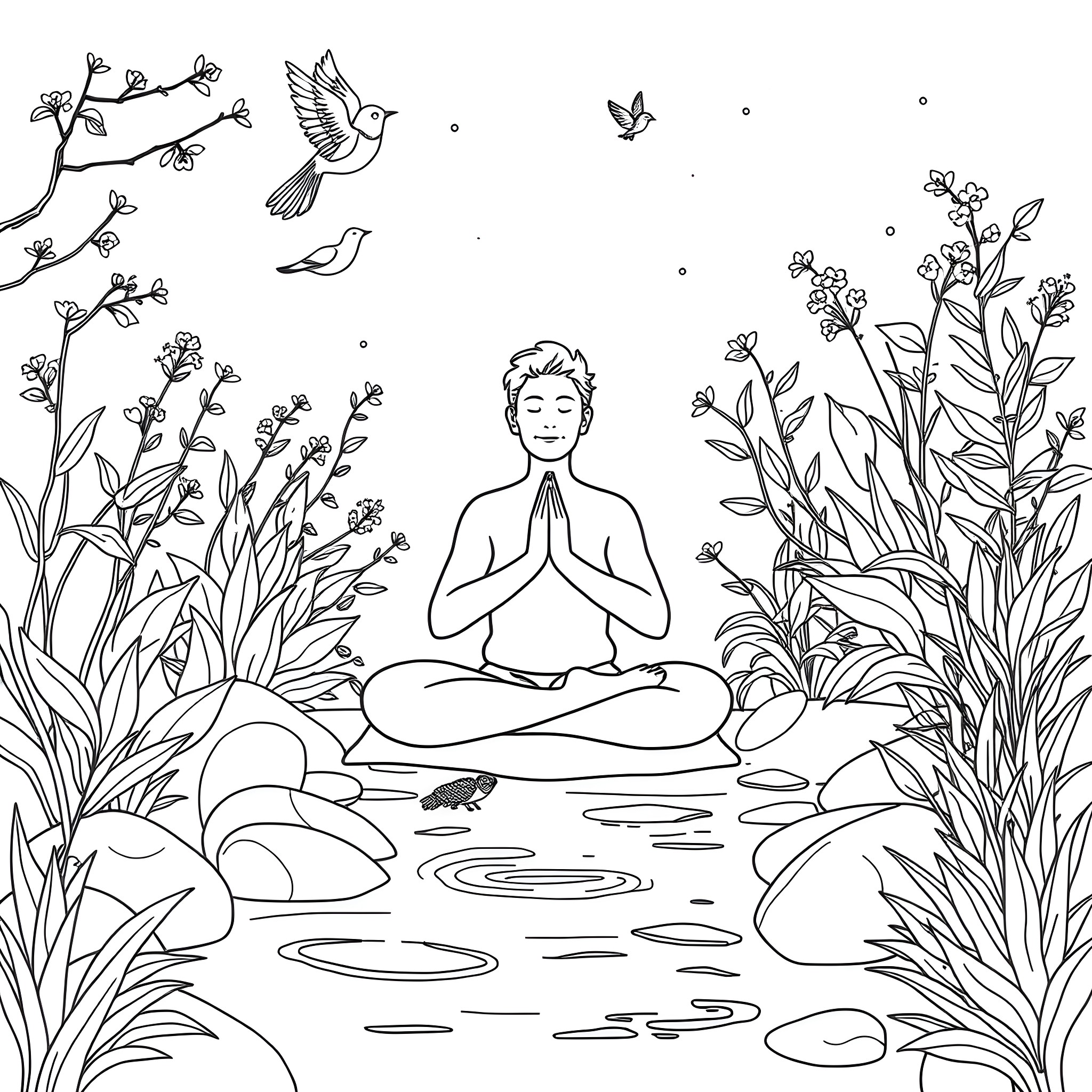 Mental Health: Person meditating in serene nature Coloring Page (free black-and-white line drawing printable PDF for all, from beginners to advanced learners, including children, teens, adults, and seniors)