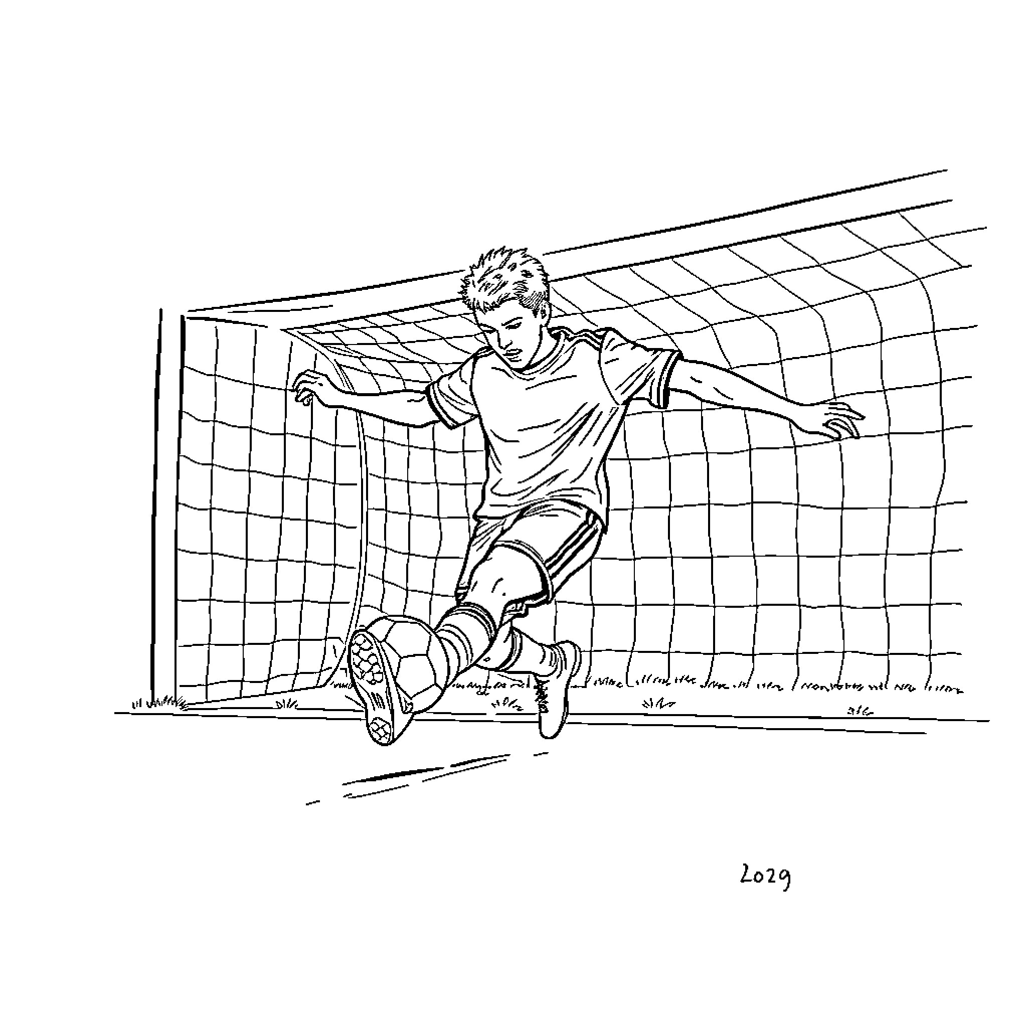 Soccer Player Blocking Goal Attempt Coloring Page (free black-and-white line drawing printable PDF for all, from beginners to advanced learners, including children, teens, adults, and seniors)