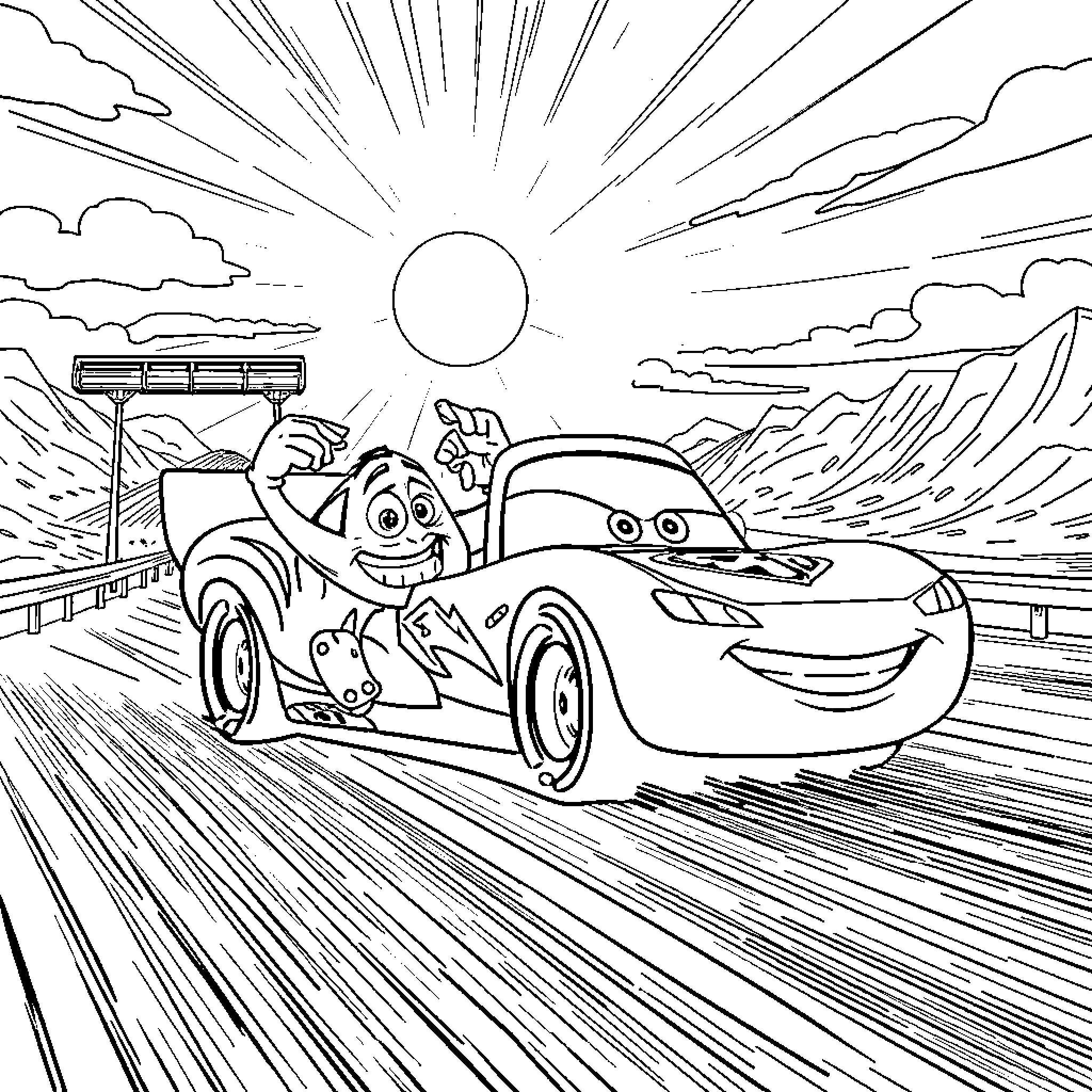 Mike Wazowski's Exciting Road Trip Adventure Coloring Page (free black-and-white line drawing printable PDF for all, from beginners to advanced learners, including children, teens, adults, and seniors)