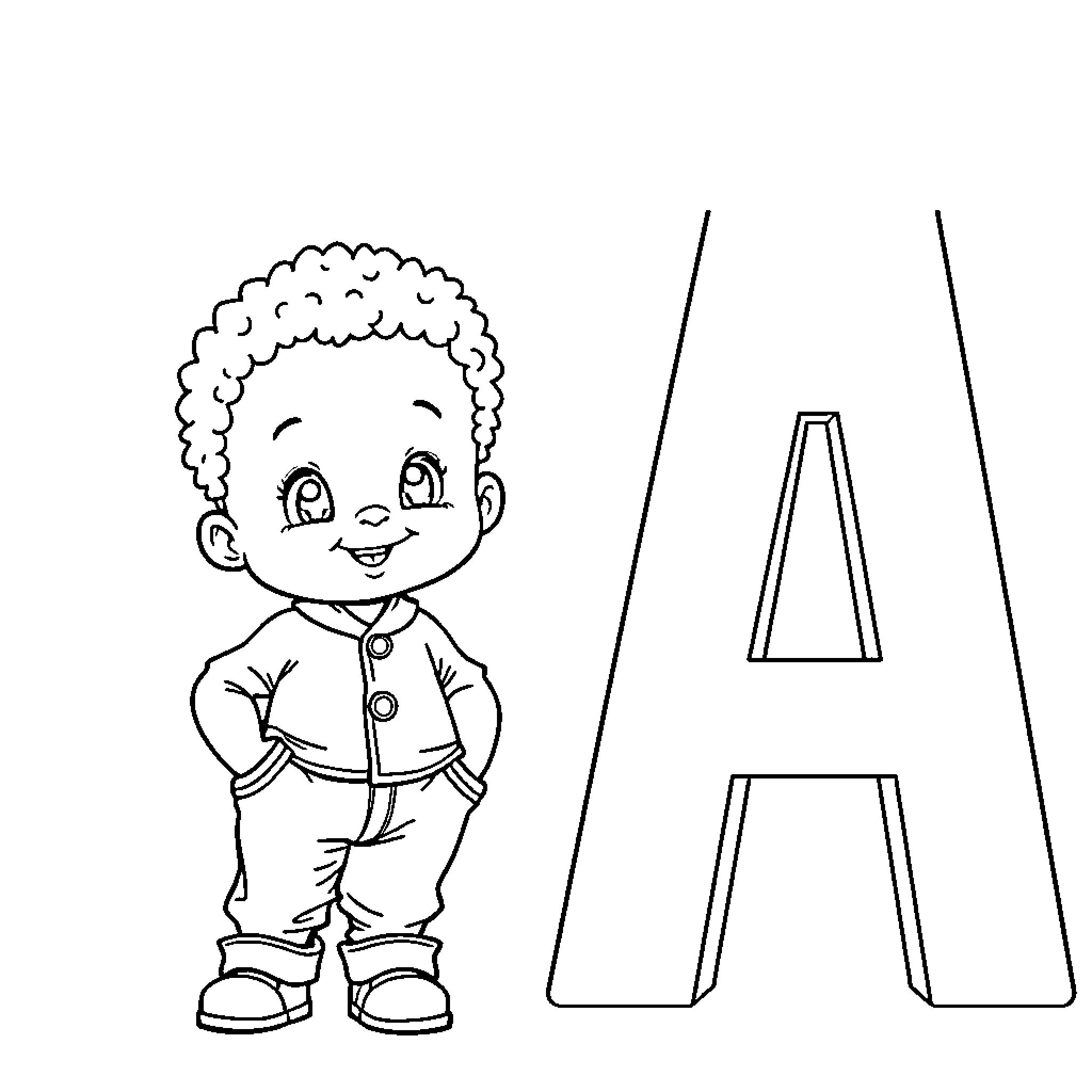 Toddler standing beside large letter A Coloring Page (free black-and-white line drawing printable PDF for all, from beginners to advanced learners, including children, teens, adults, and seniors)