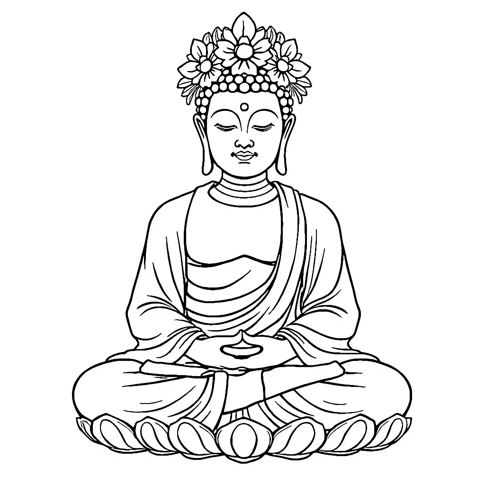 Buddha in peaceful meditation with floral crown Coloring Page (free black-and-white line drawing printable PDF for all, from beginners to advanced learners, including children, teens, adults, and seniors)
