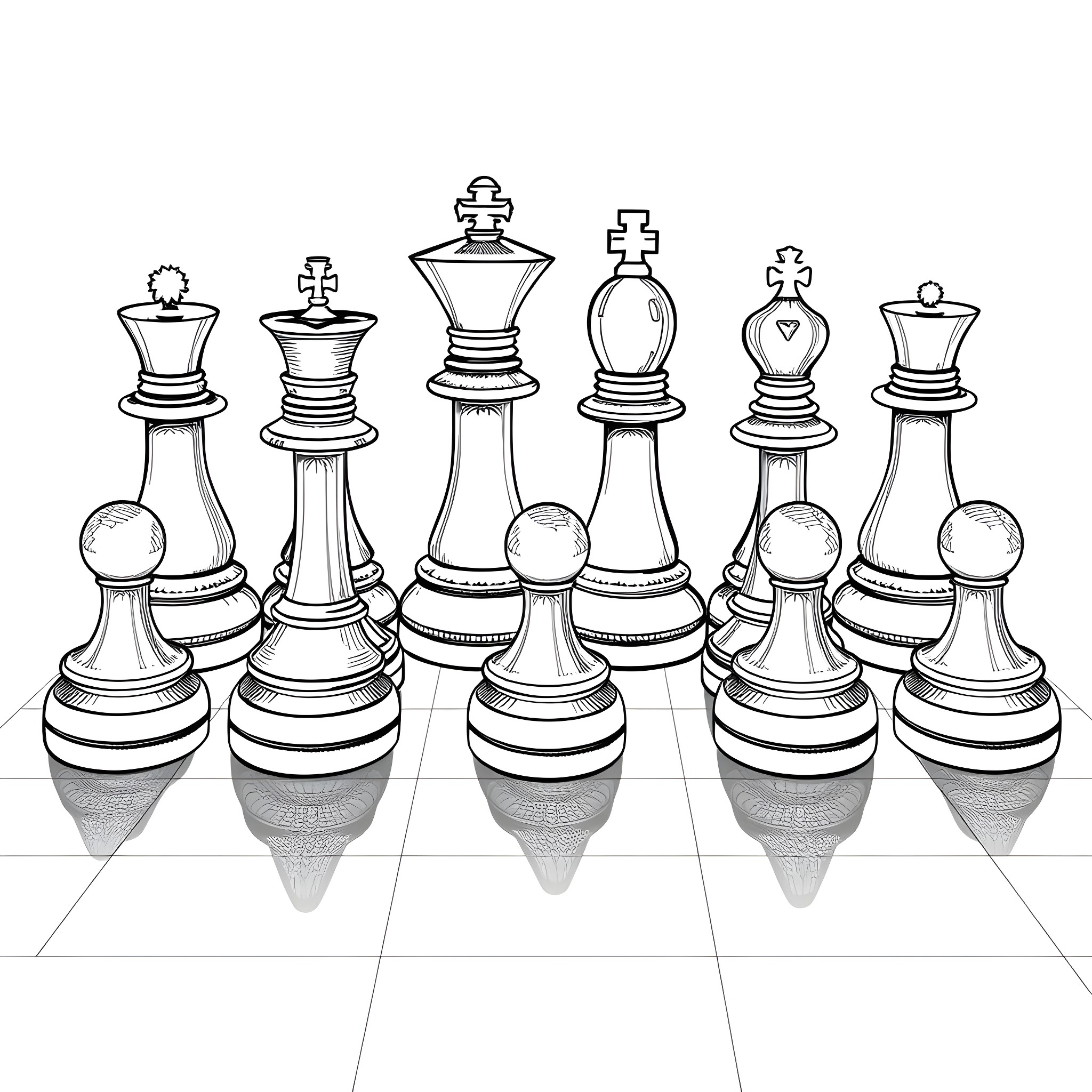Chess Piece Formation on Chessboard Coloring Page (free black-and-white line drawing printable PDF for all, from beginners to advanced learners, including children, teens, adults, and seniors)