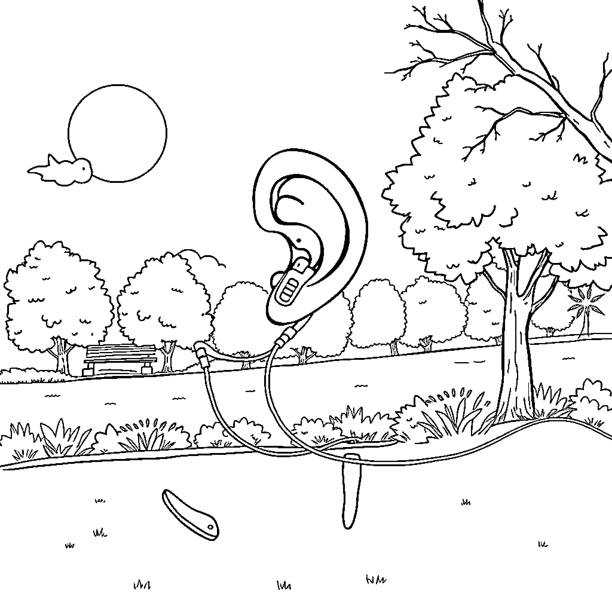 Ear-shaped creature exploring a serene landscape Coloring Page (free black-and-white line drawing printable PDF for all, from beginners to advanced learners, including children, teens, adults, and seniors)