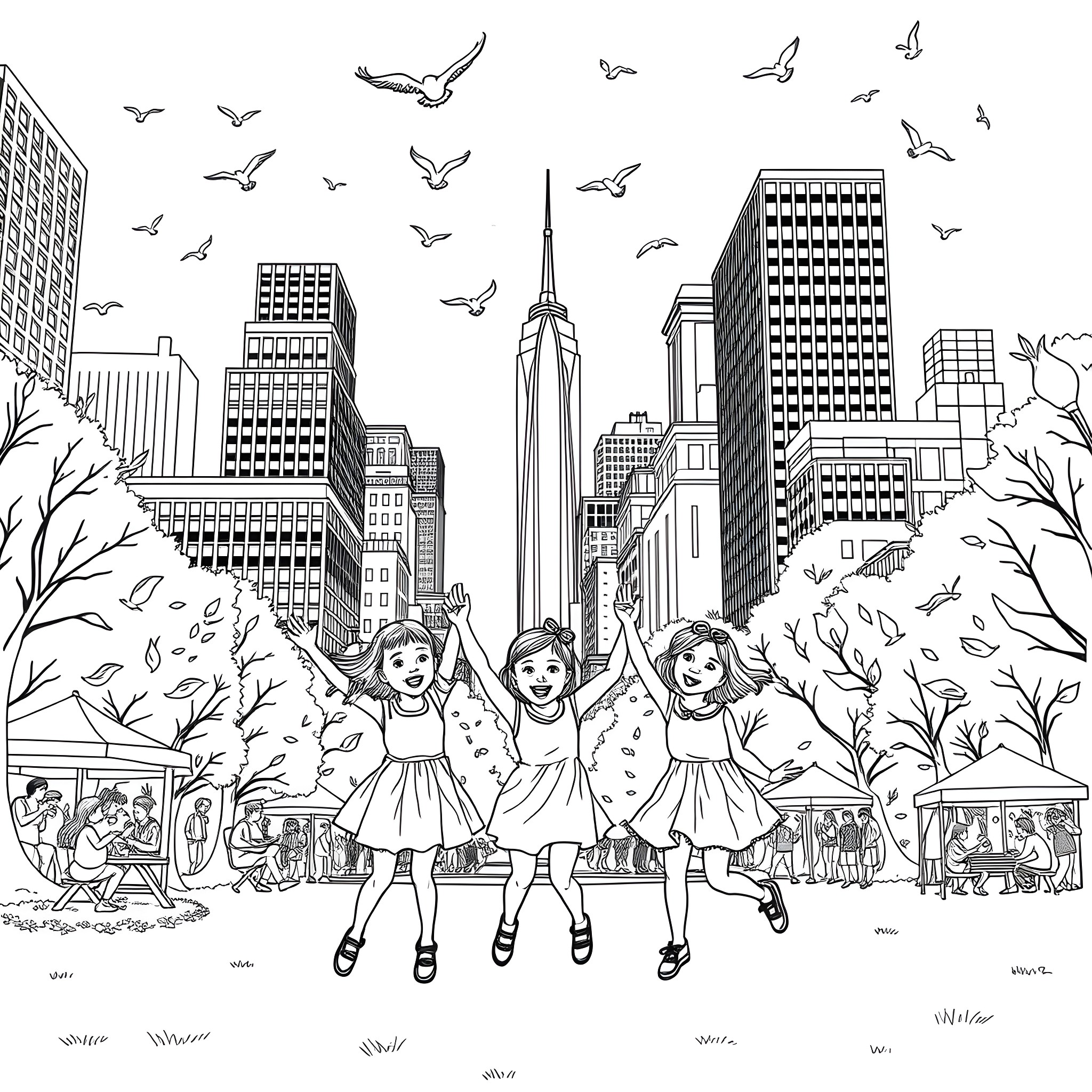 Sister Dancers in a City Park Coloring Page (free black-and-white line drawing printable PDF for all, from beginners to advanced learners, including children, teens, adults, and seniors)