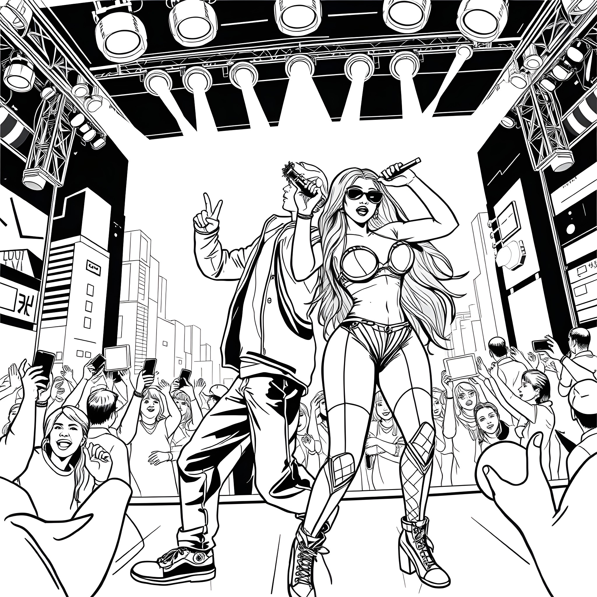 Justin Bieber performing on stage with energetic crowd Coloring Page (free black-and-white line drawing printable PDF for all, from beginners to advanced learners, including children, teens, adults, and seniors)