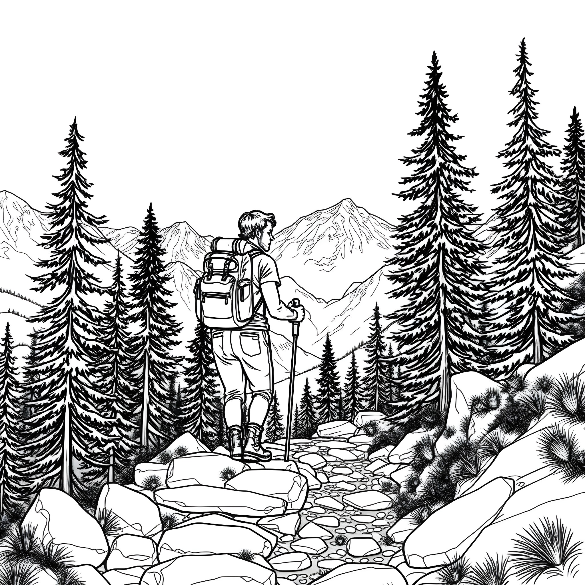 Male Hiker Exploring Mountainous Wilderness Coloring Page (free black-and-white line drawing printable PDF for all, from beginners to advanced learners, including children, teens, adults, and seniors)