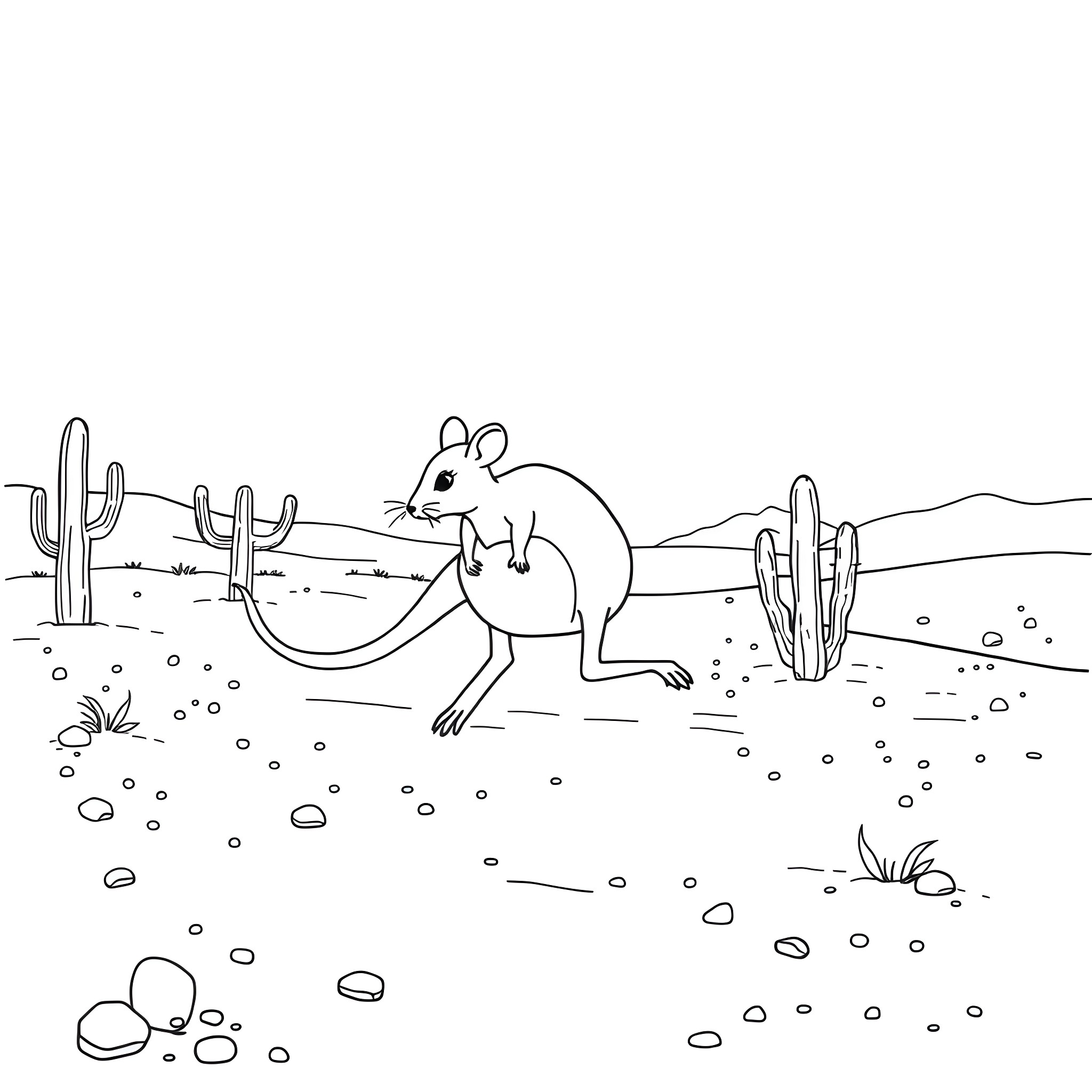 Kangaroo Mouse exploring desert with cacti Coloring Page (free black-and-white line drawing printable PDF for all, from beginners to advanced learners, including children, teens, adults, and seniors)