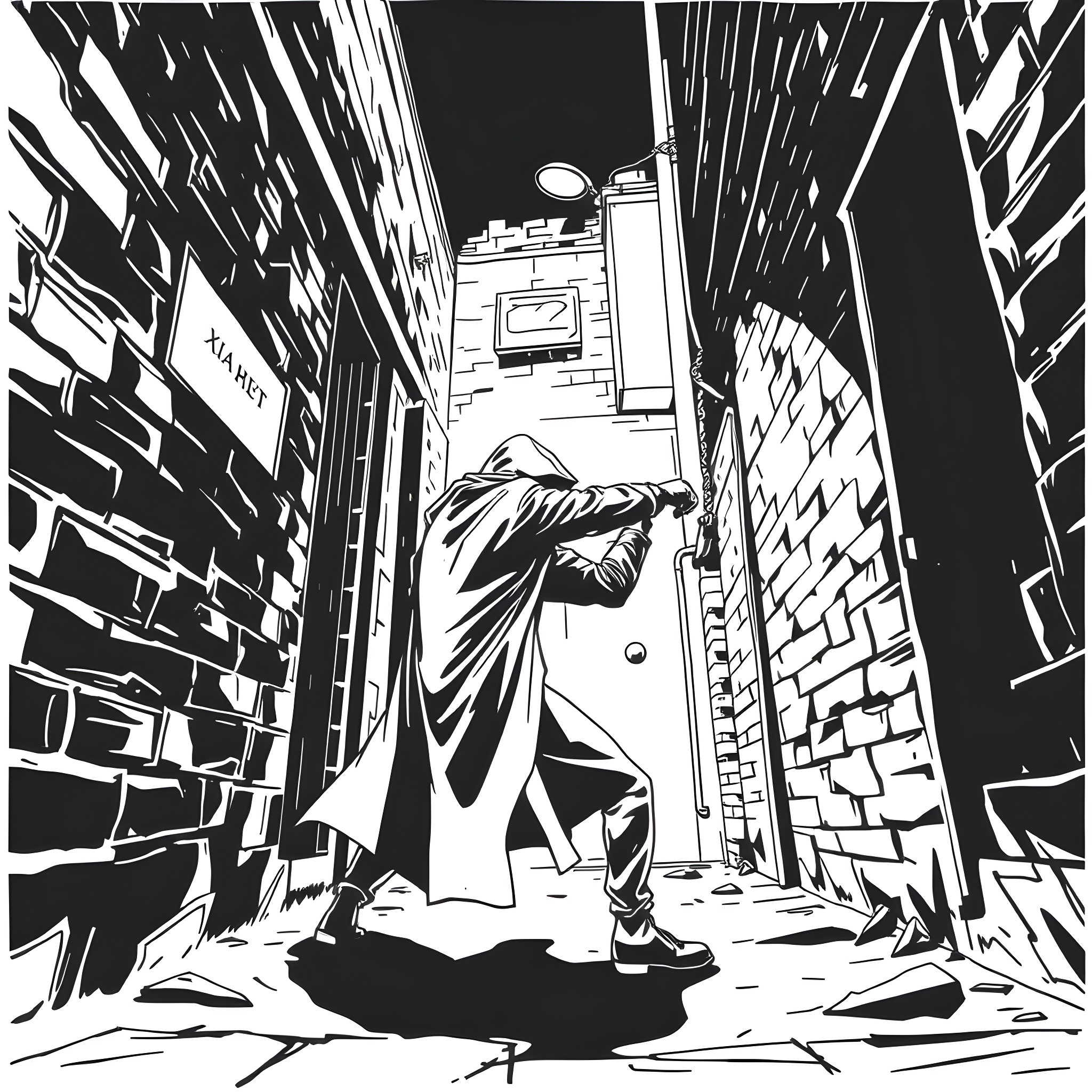 Person walking alone down a dark, empty alley Coloring Page (free black-and-white line drawing printable PDF for all, from beginners to advanced learners, including children, teens, adults, and seniors)