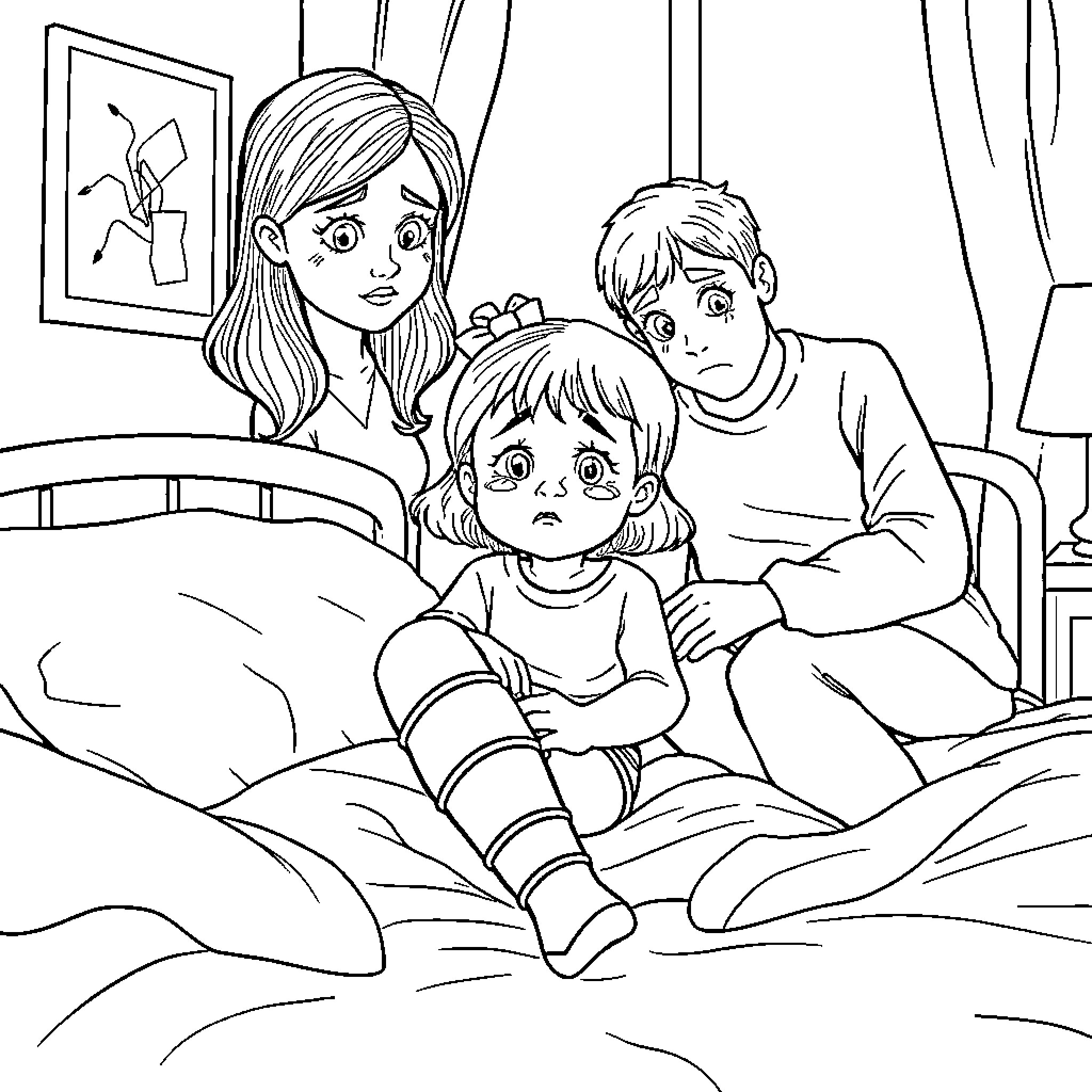 Girl comforting her siblings in the bedroom Coloring Page (free black-and-white line drawing printable PDF for all, from beginners to advanced learners, including children, teens, adults, and seniors)