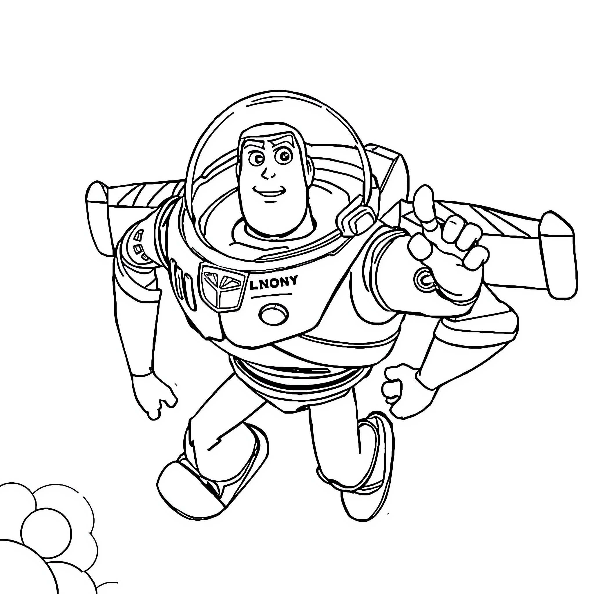 Buzz Lightyear soaring through the sky Coloring Page (free black-and-white line drawing printable PDF for all, from beginners to advanced learners, including children, teens, adults, and seniors)