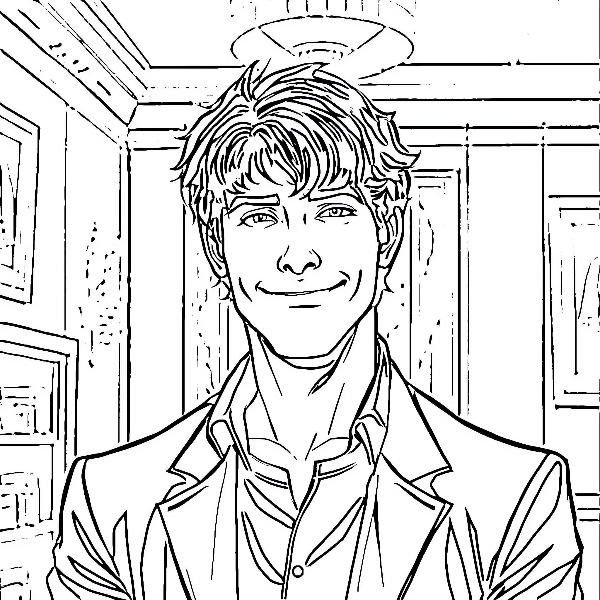 Damon Salvatore smiling confidently in a formal suit Coloring Page (free black-and-white line drawing printable PDF for all, from beginners to advanced learners, including children, teens, adults, and seniors)
