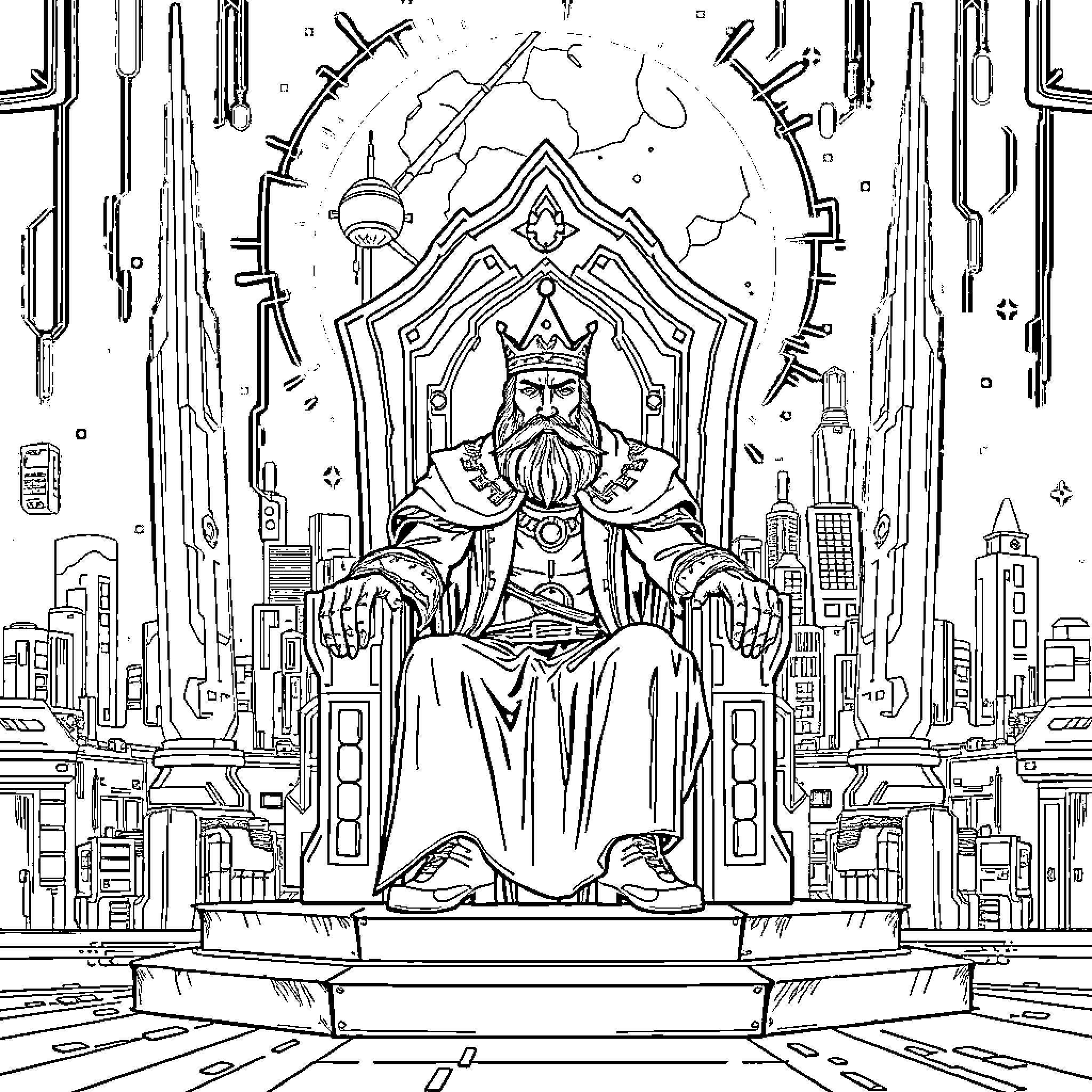 King Ruling Over the Futuristic City Coloring Page (free black-and-white line drawing printable PDF for all, from beginners to advanced learners, including children, teens, adults, and seniors)
